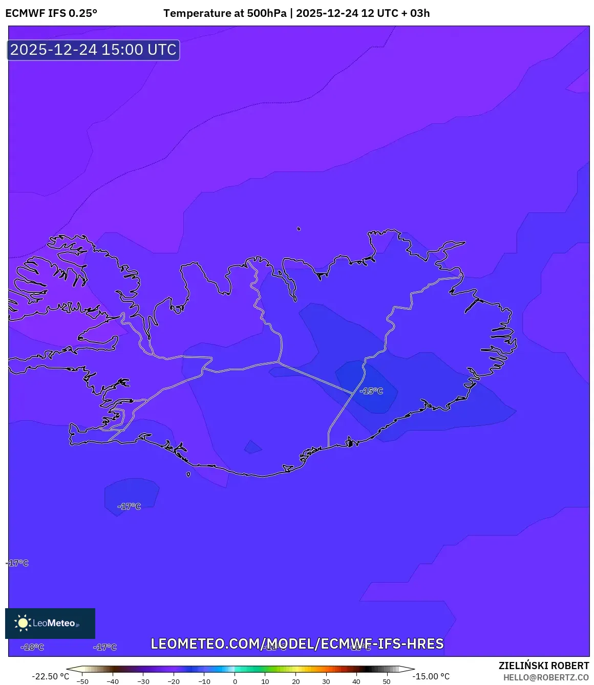 ECMWF IFS 0.25° model - Iceland, Temperature at 500hPa