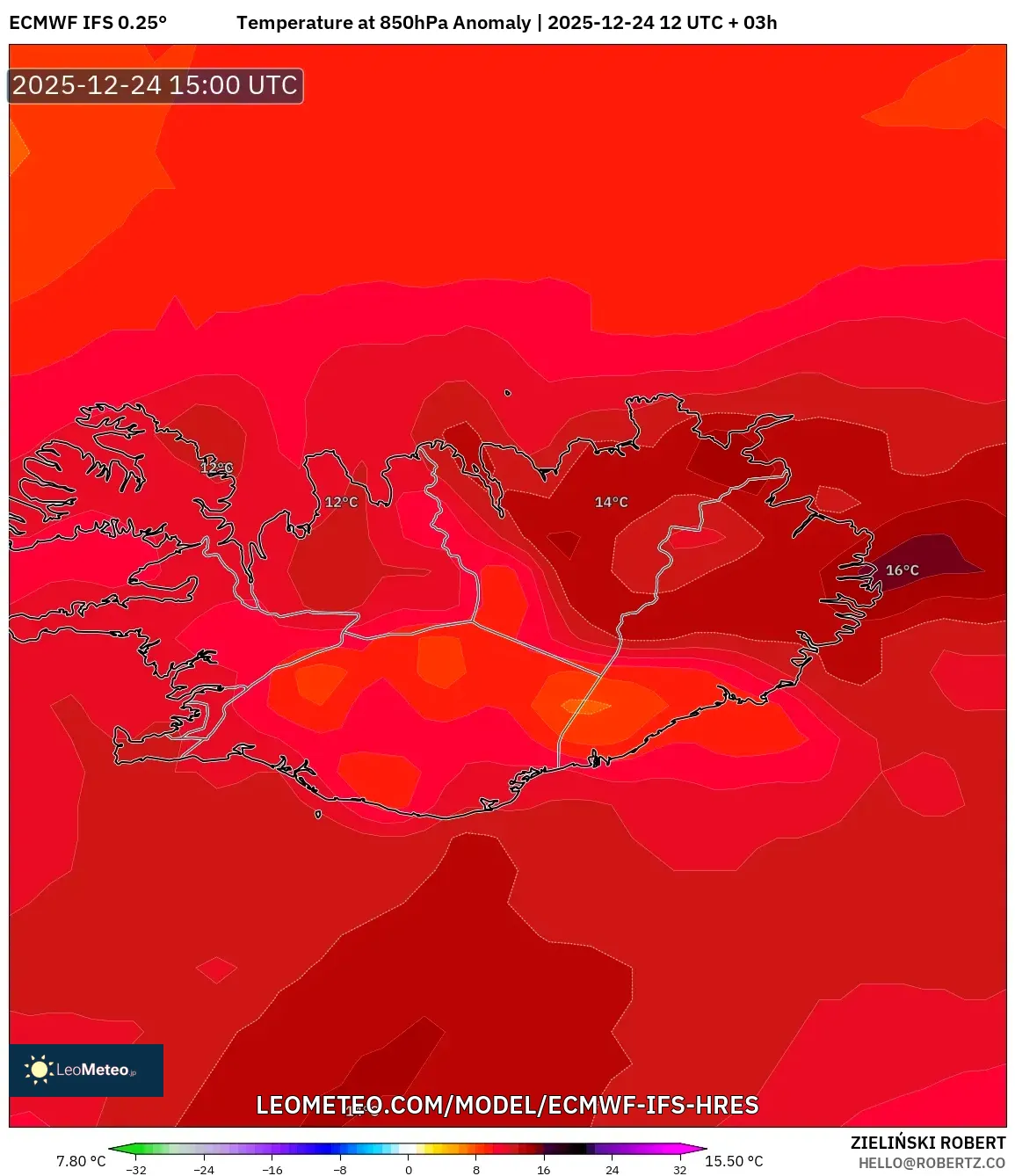 ECMWF IFS 0.25° model - Iceland, Temperature at 850hPa Anomaly