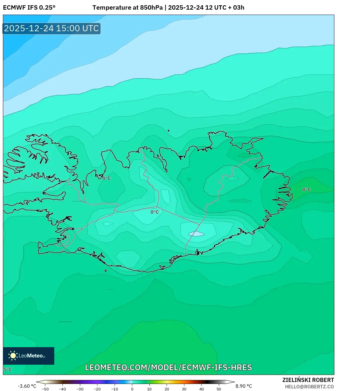 ECMWF IFS 0.25° model - Iceland, Temperature at 850hPa