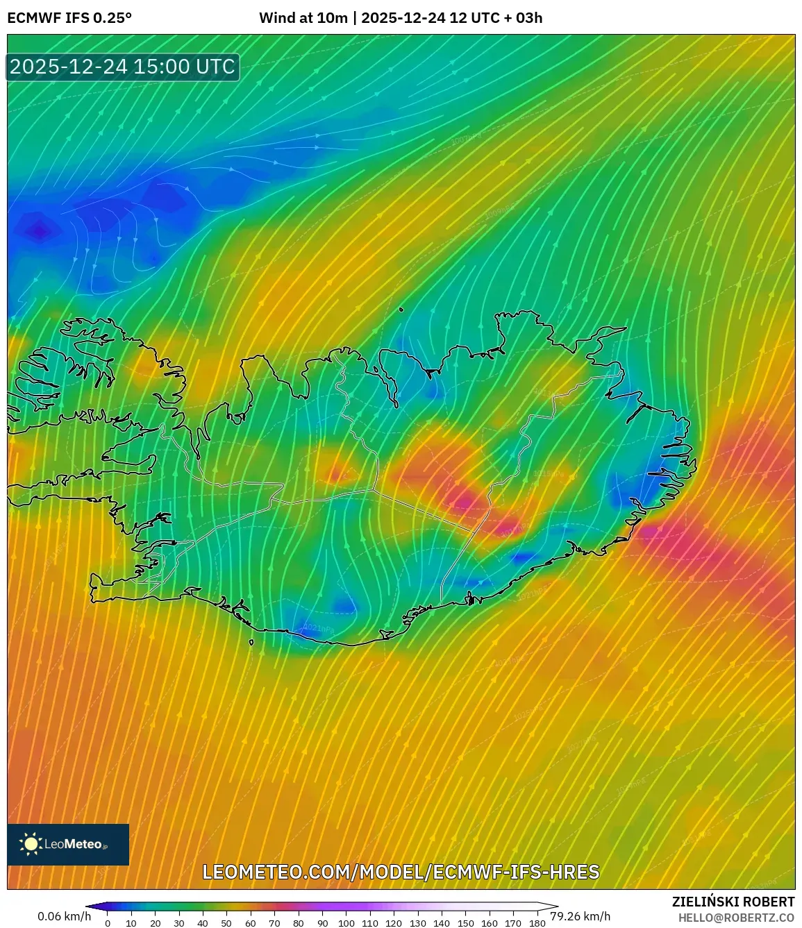 ECMWF IFS 0.25° model - Iceland, Wind at 10m