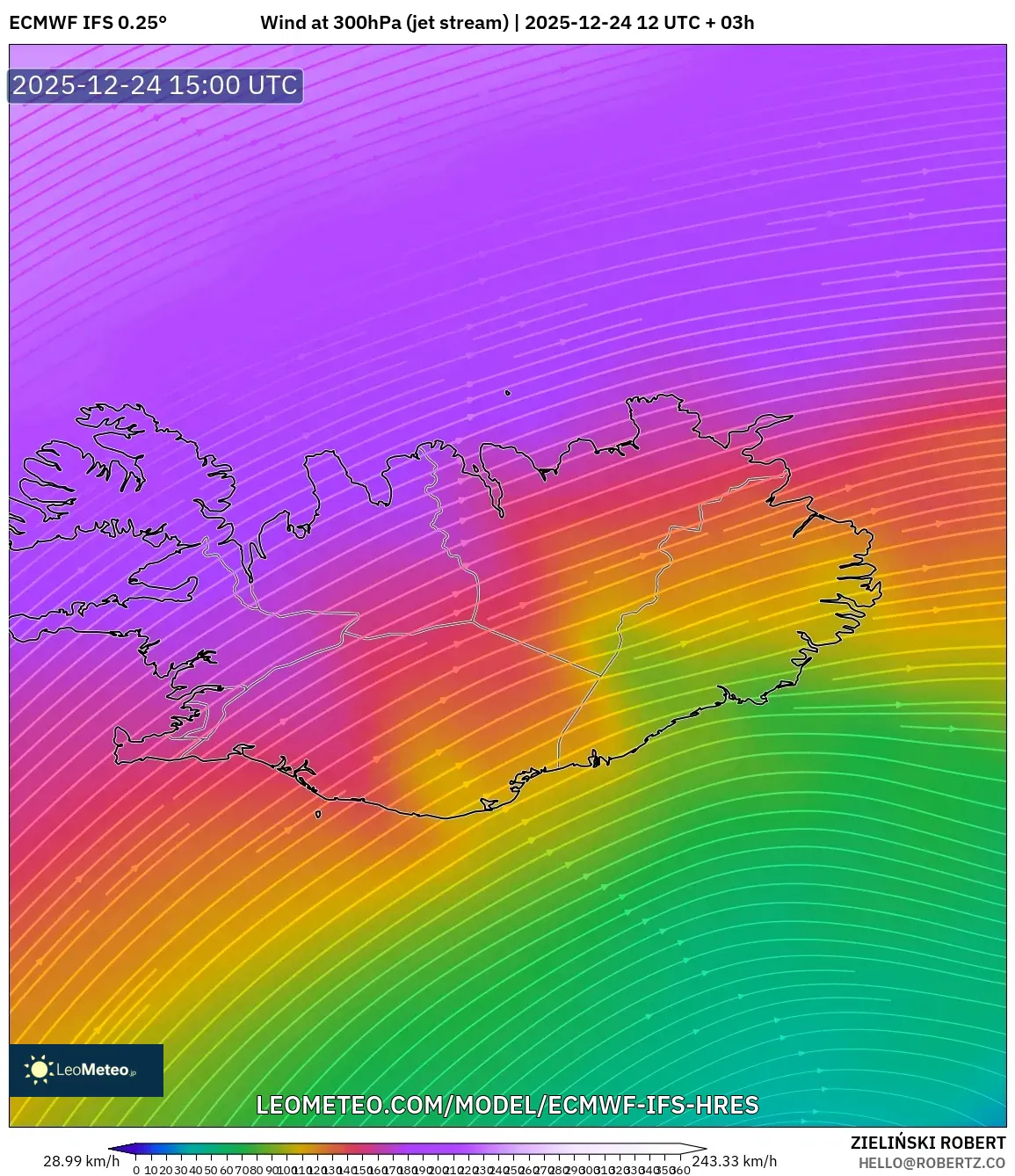 ECMWF IFS 0.25° model - Iceland, Wind at 300hPa (jet stream)
