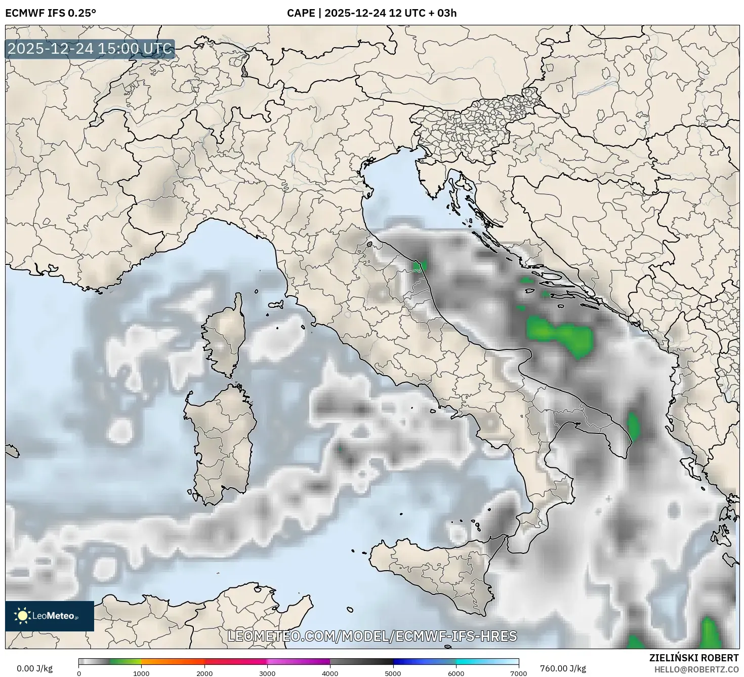 ECMWF IFS 0.25° model - Italy, CAPE