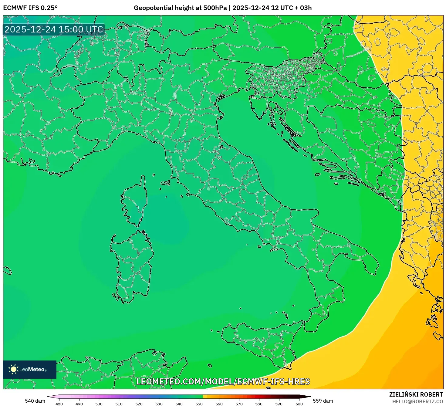 ECMWF IFS 0.25° model - Italy, Geopotential height at 500hPa