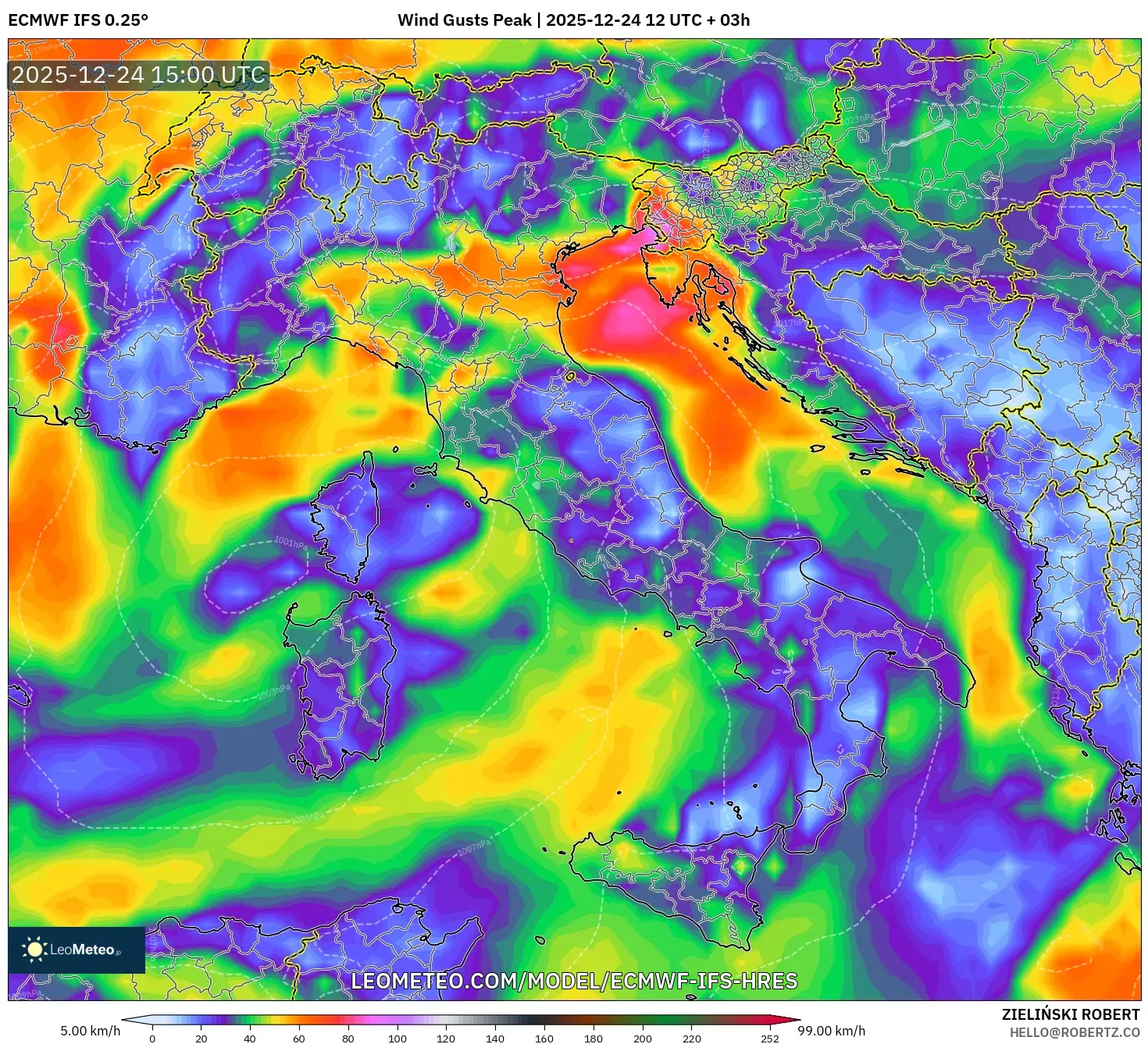 ECMWF IFS 0.25° model - Italy, Wind Gusts Peak