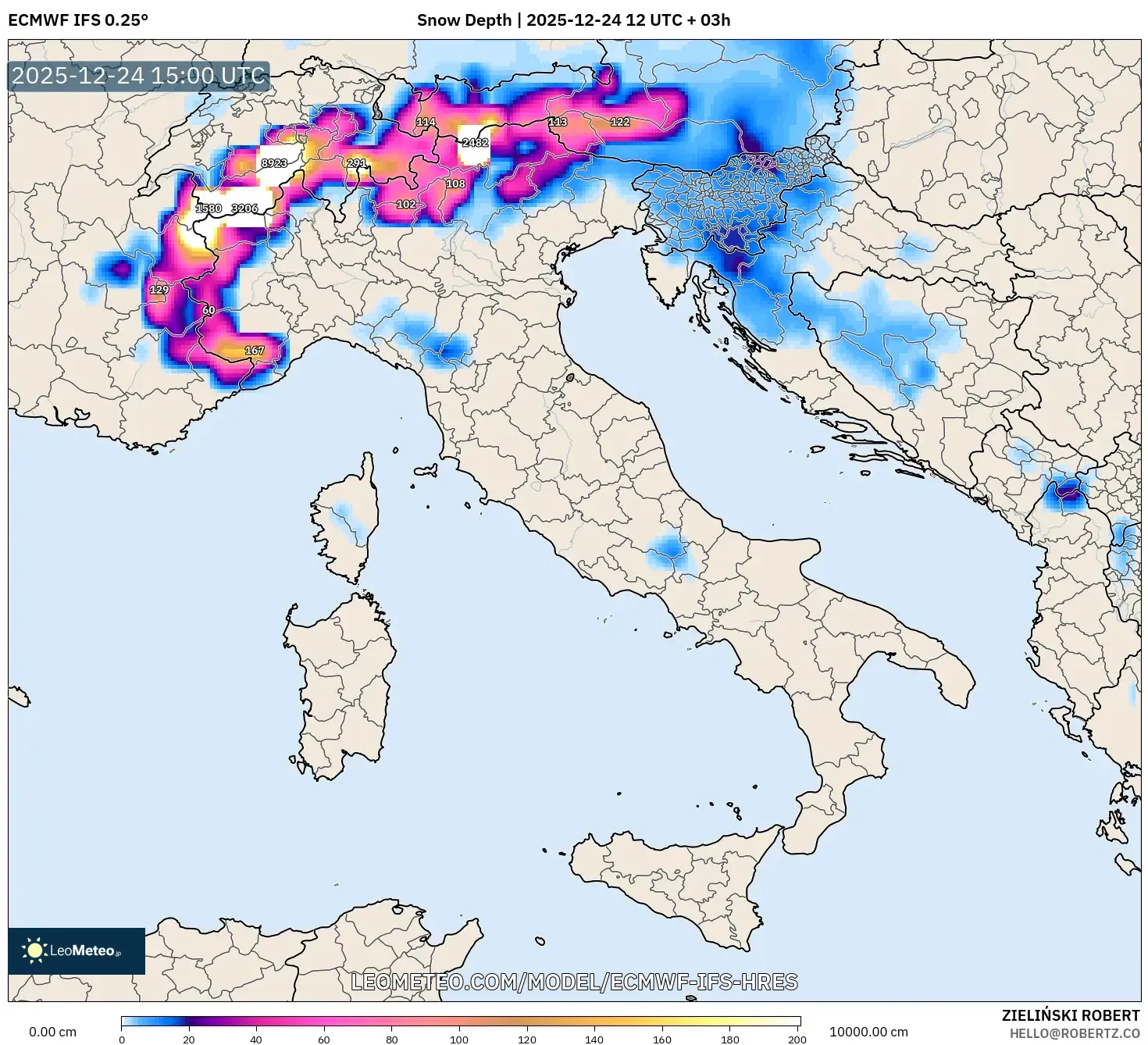 ECMWF IFS 0.25° model - Italy, Snow Depth