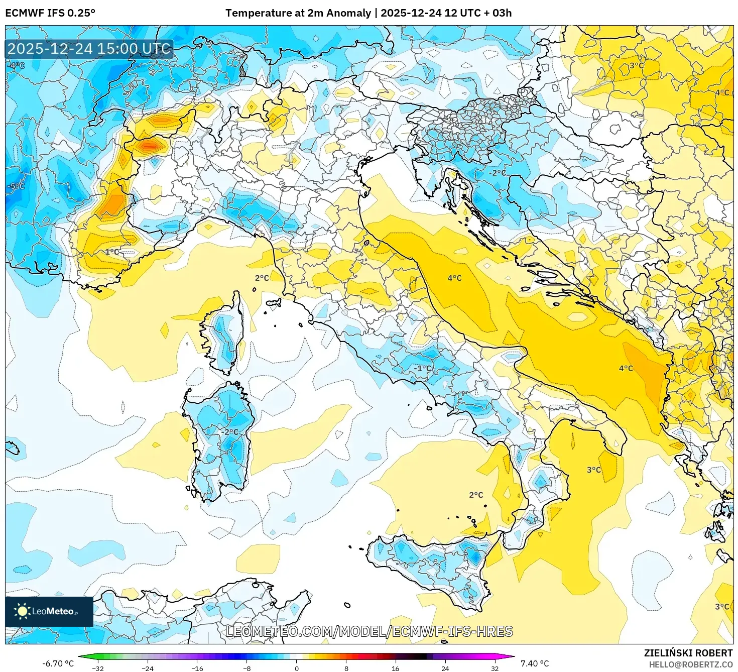 ECMWF IFS 0.25° model - Italy, Temperature at 2m Anomaly