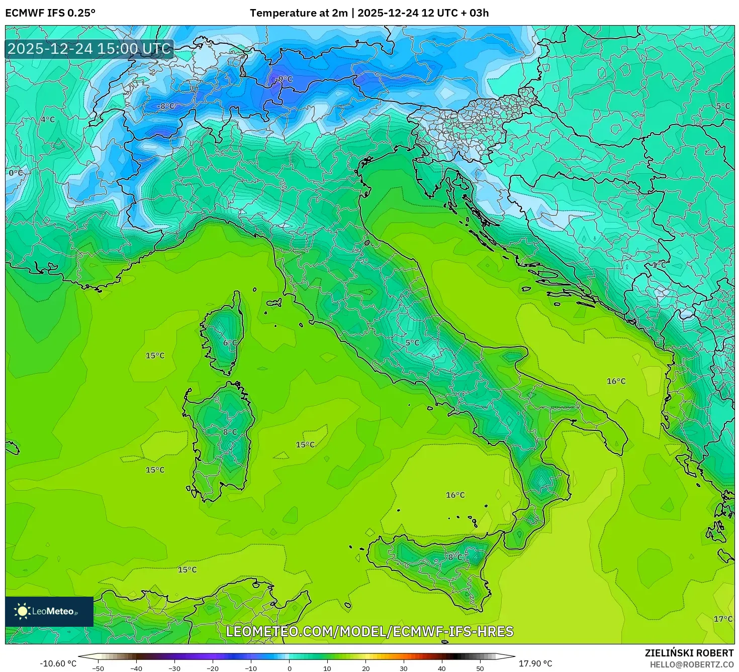 ECMWF IFS 0.25° model - Italy, Temperature at 2m