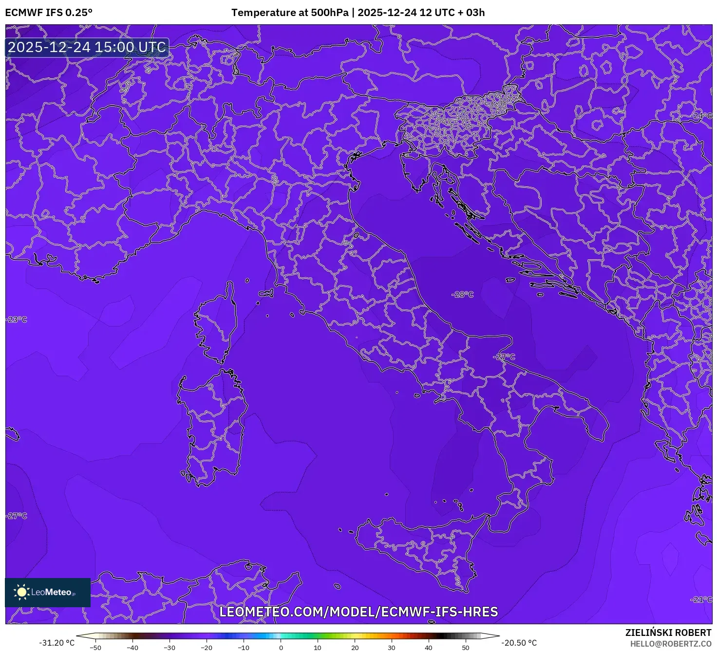 ECMWF IFS 0.25° model - Italy, Temperature at 500hPa