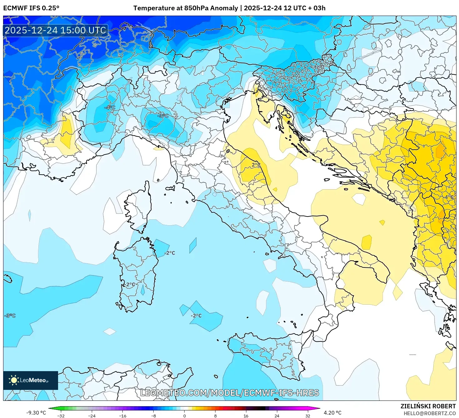 ECMWF IFS 0.25° model - Italy, Temperature at 850hPa Anomaly