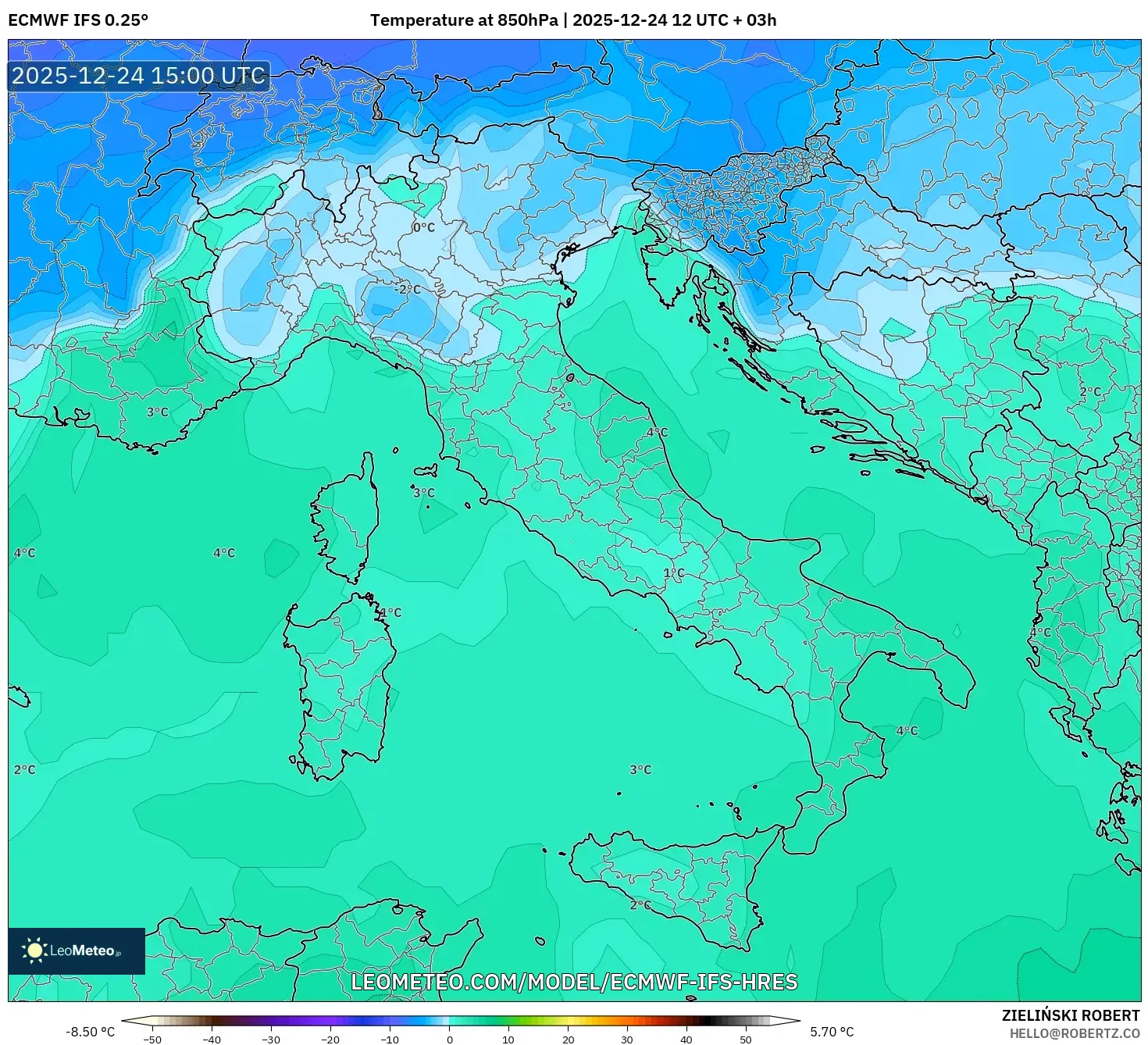 ECMWF IFS 0.25° model - Italy, Temperature at 850hPa