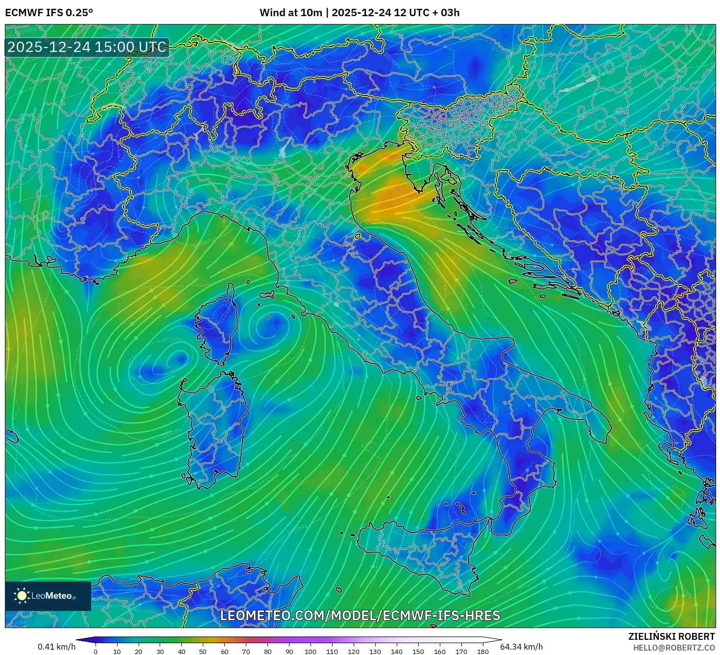 ECMWF IFS 0.25° model - Italy, Wind at 10m