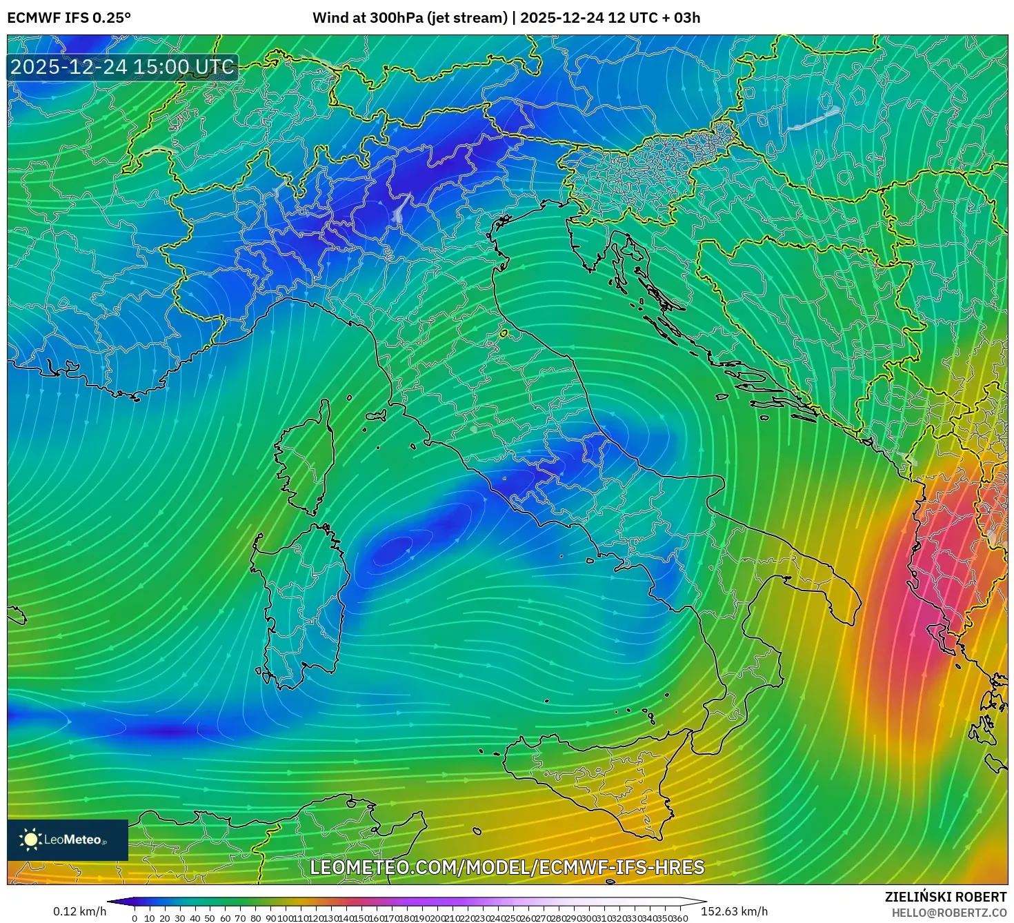 ECMWF IFS 0.25° model - Italy, Wind at 300hPa (jet stream)