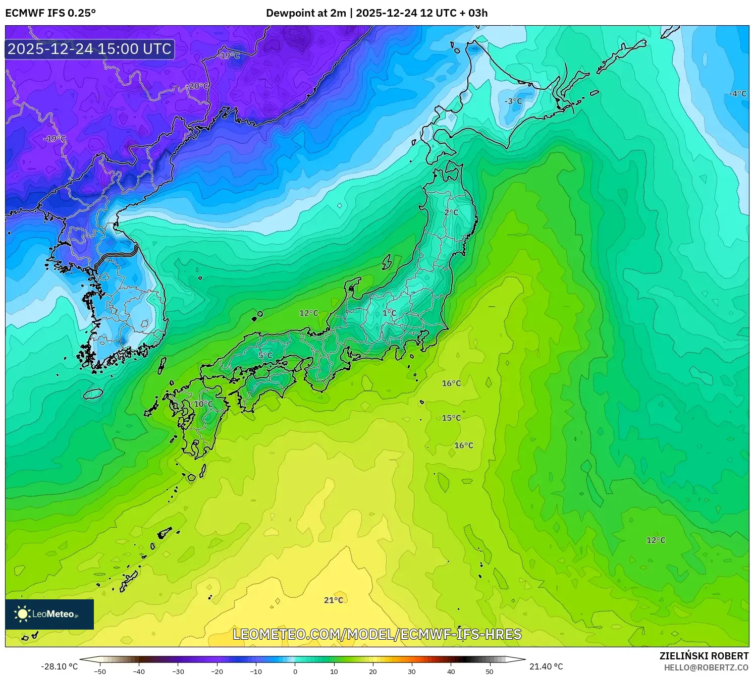 ECMWF IFS 0.25° model - Japan, Dewpoint at 2m