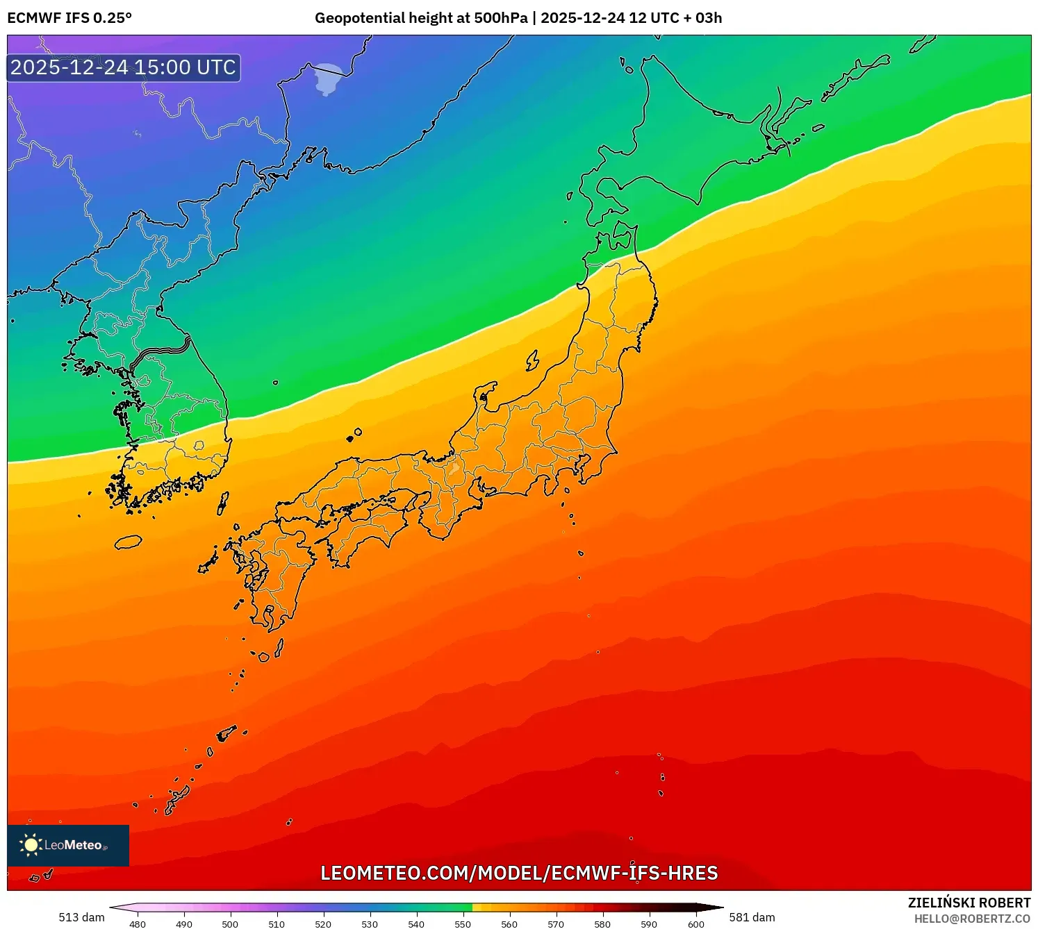 ECMWF IFS 0.25° model - Japan, Geopotential height at 500hPa