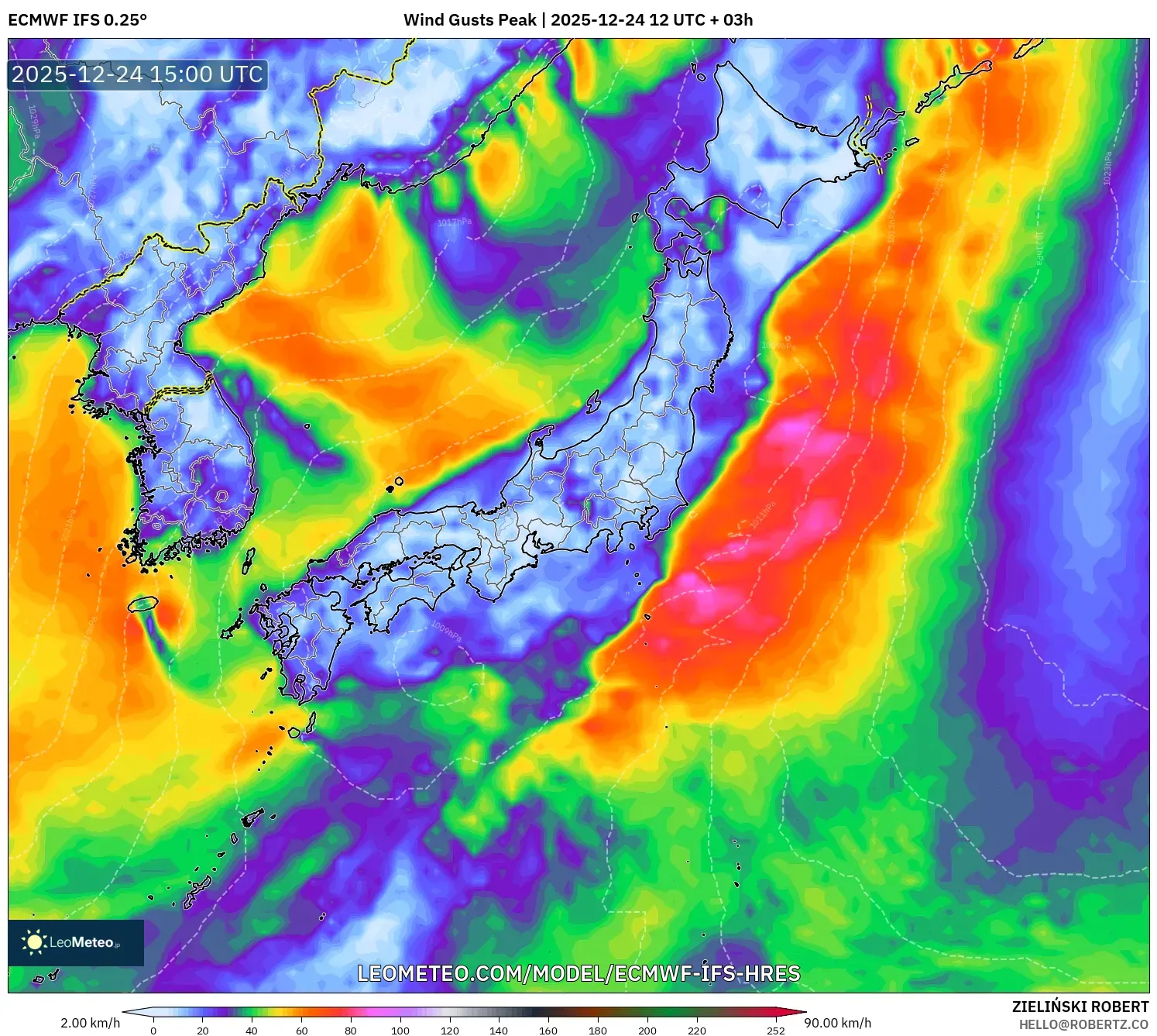 ECMWF IFS 0.25° model - Japan, Wind Gusts Peak