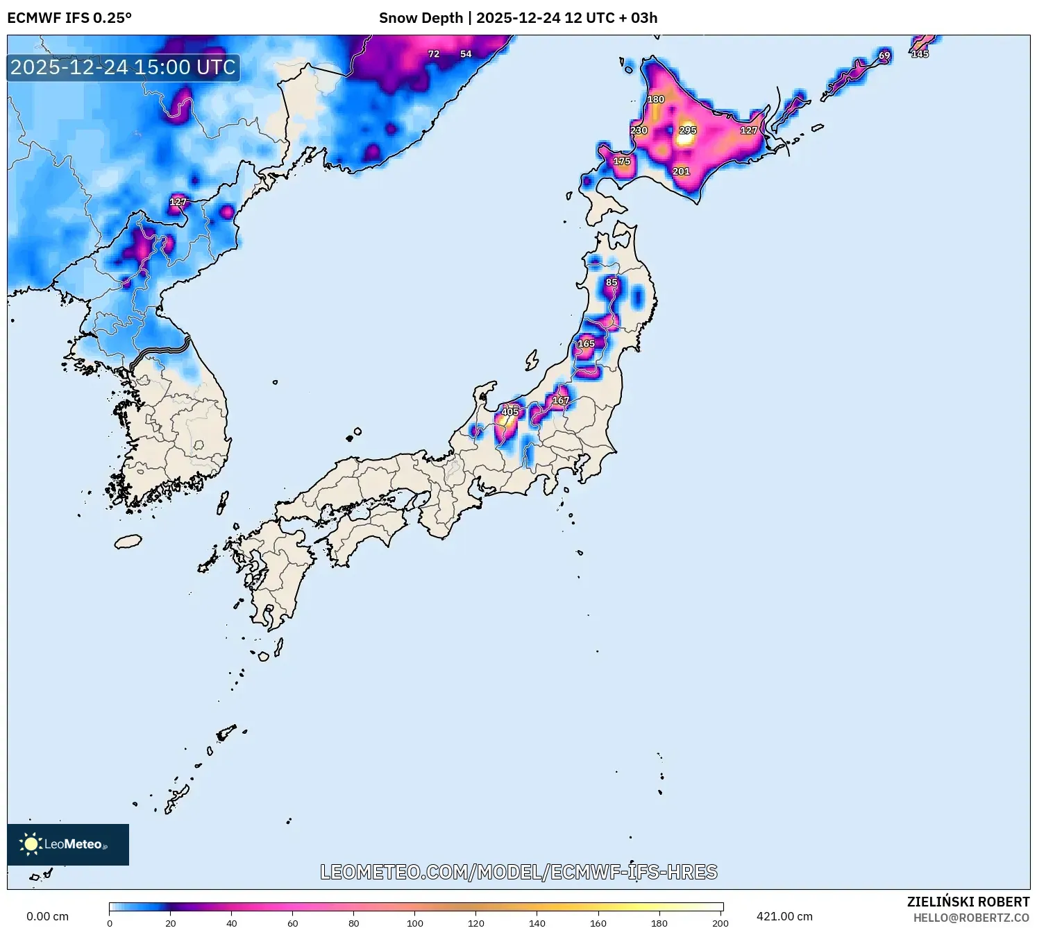 ECMWF IFS 0.25° model - Japan, Snow Depth