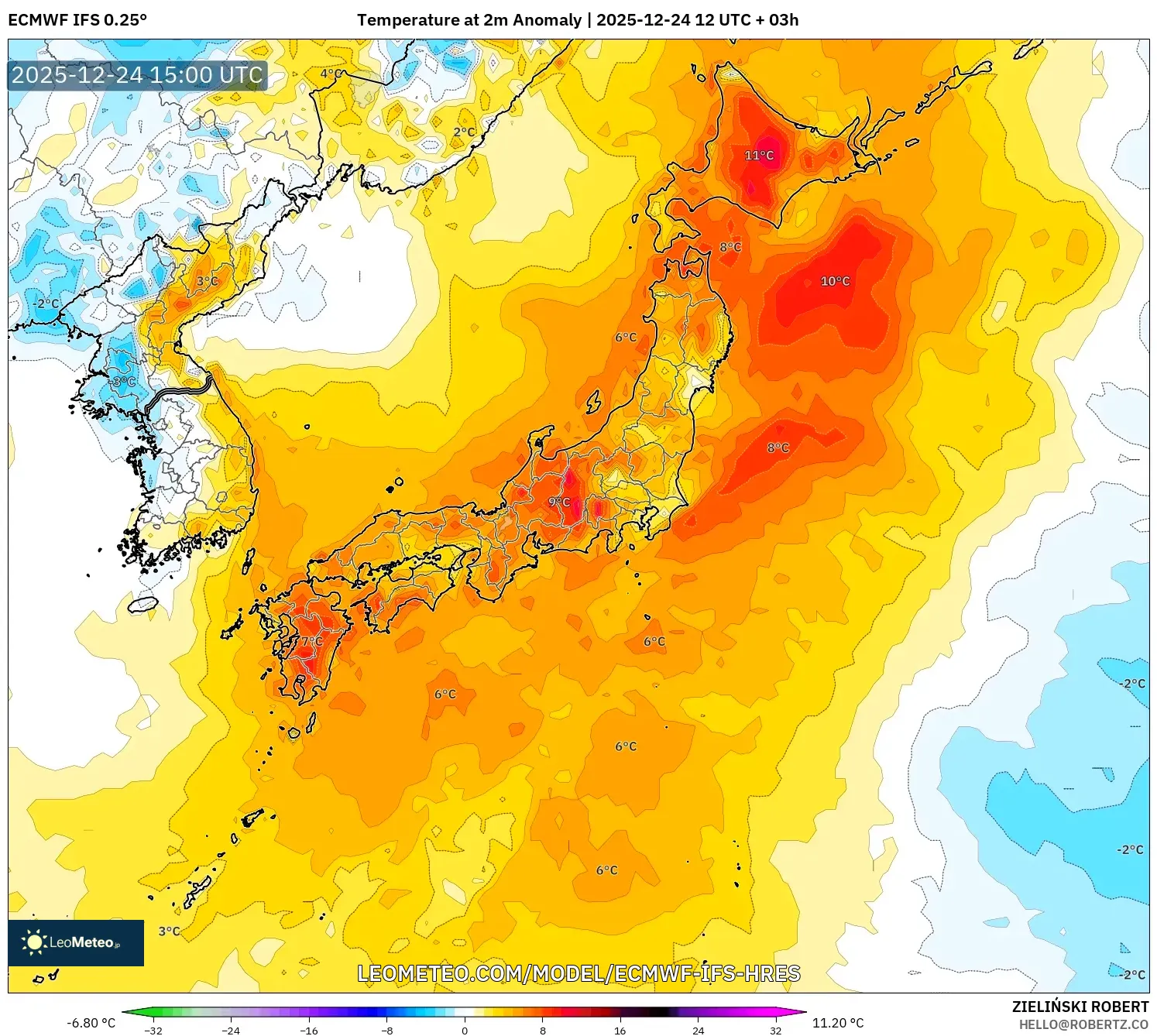 ECMWF IFS 0.25° model - Japan, Temperature at 2m Anomaly
