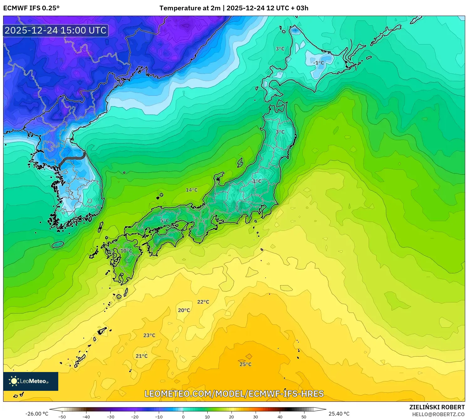 ECMWF IFS 0.25° model - Japan, Temperature at 2m