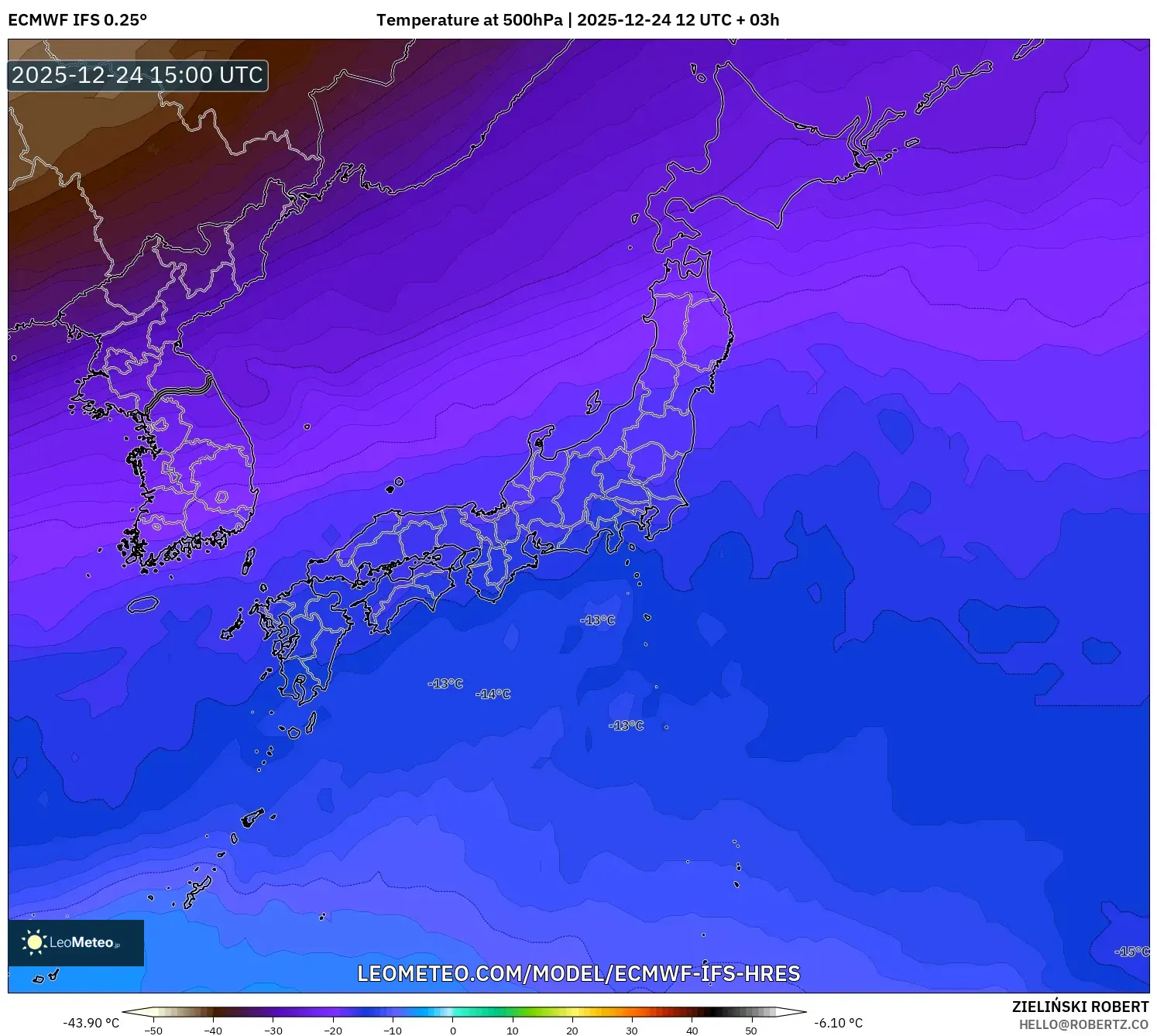 ECMWF IFS 0.25° model - Japan, Temperature at 500hPa