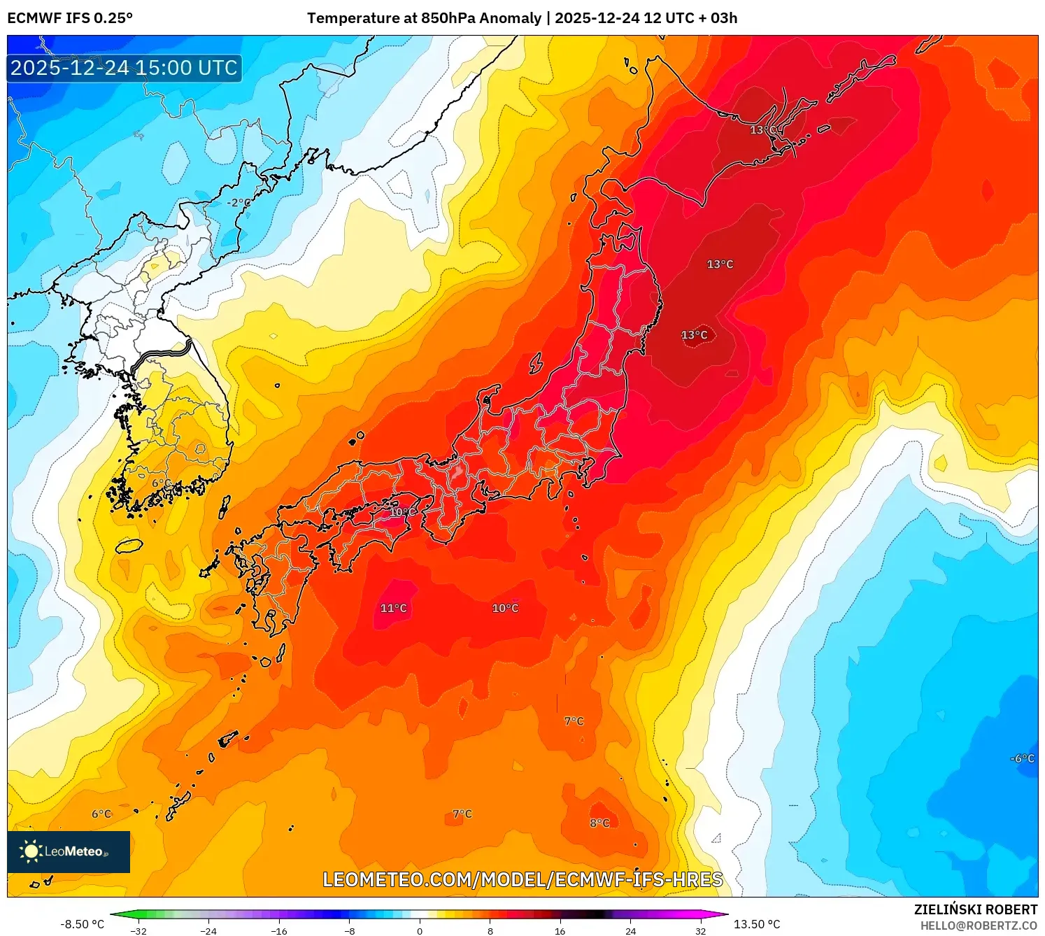 ECMWF IFS 0.25° model - Japan, Temperature at 850hPa Anomaly