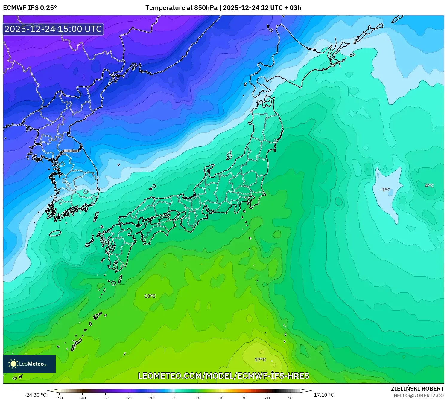 ECMWF IFS 0.25° model - Japan, Temperature at 850hPa