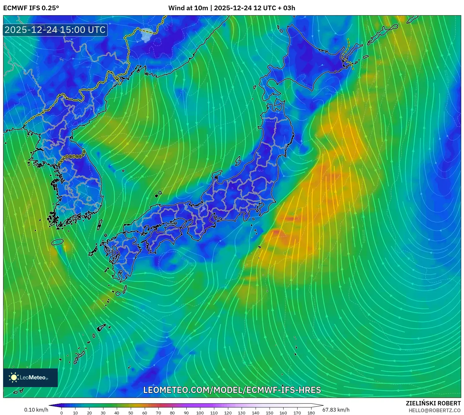 ECMWF IFS 0.25° model - Japan, Wind at 10m