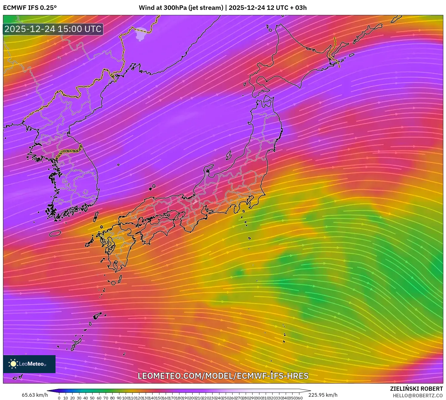 ECMWF IFS 0.25° model - Japan, Wind at 300hPa (jet stream)