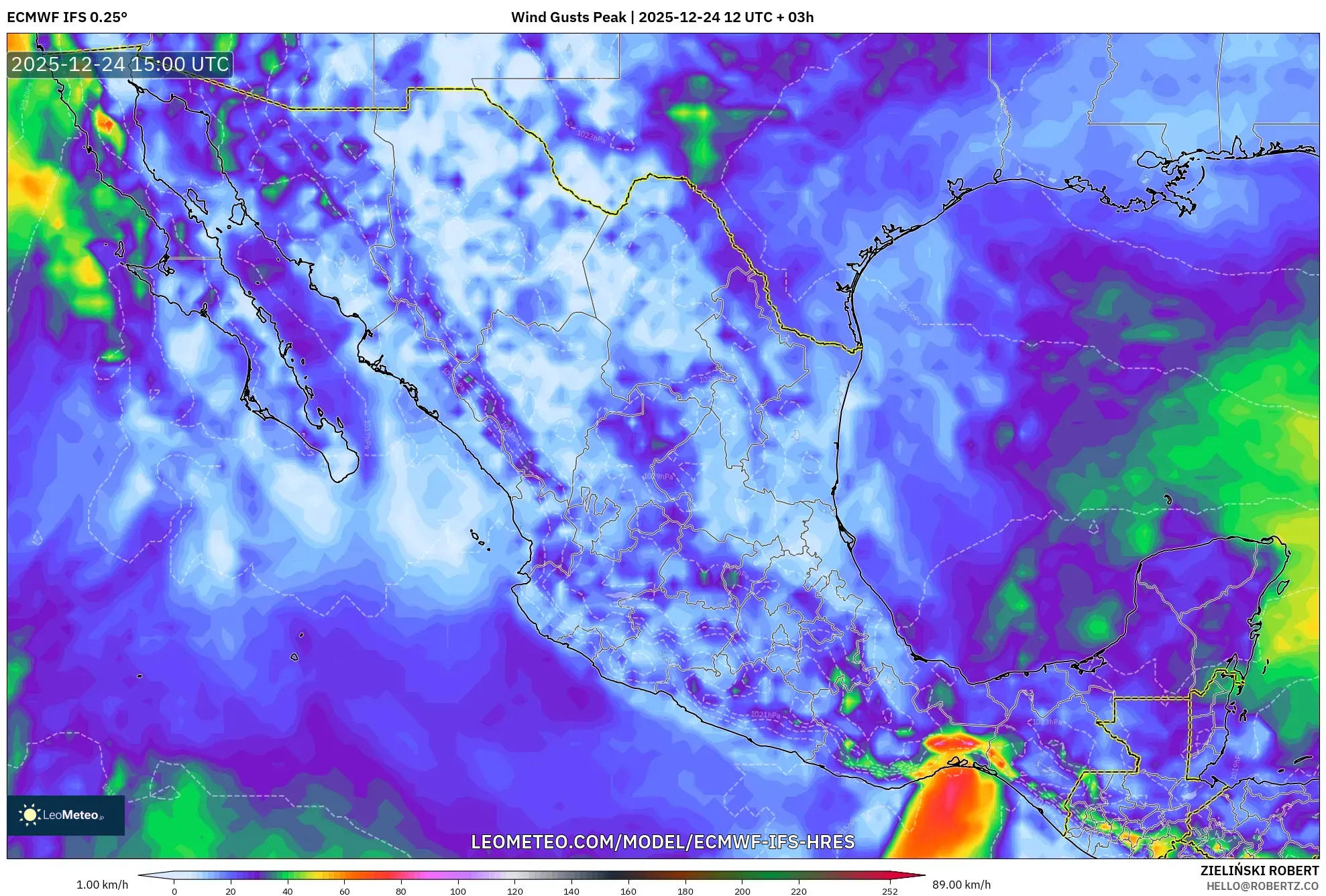 ECMWF IFS 0.25° model - Mexico, Wind Gusts Peak