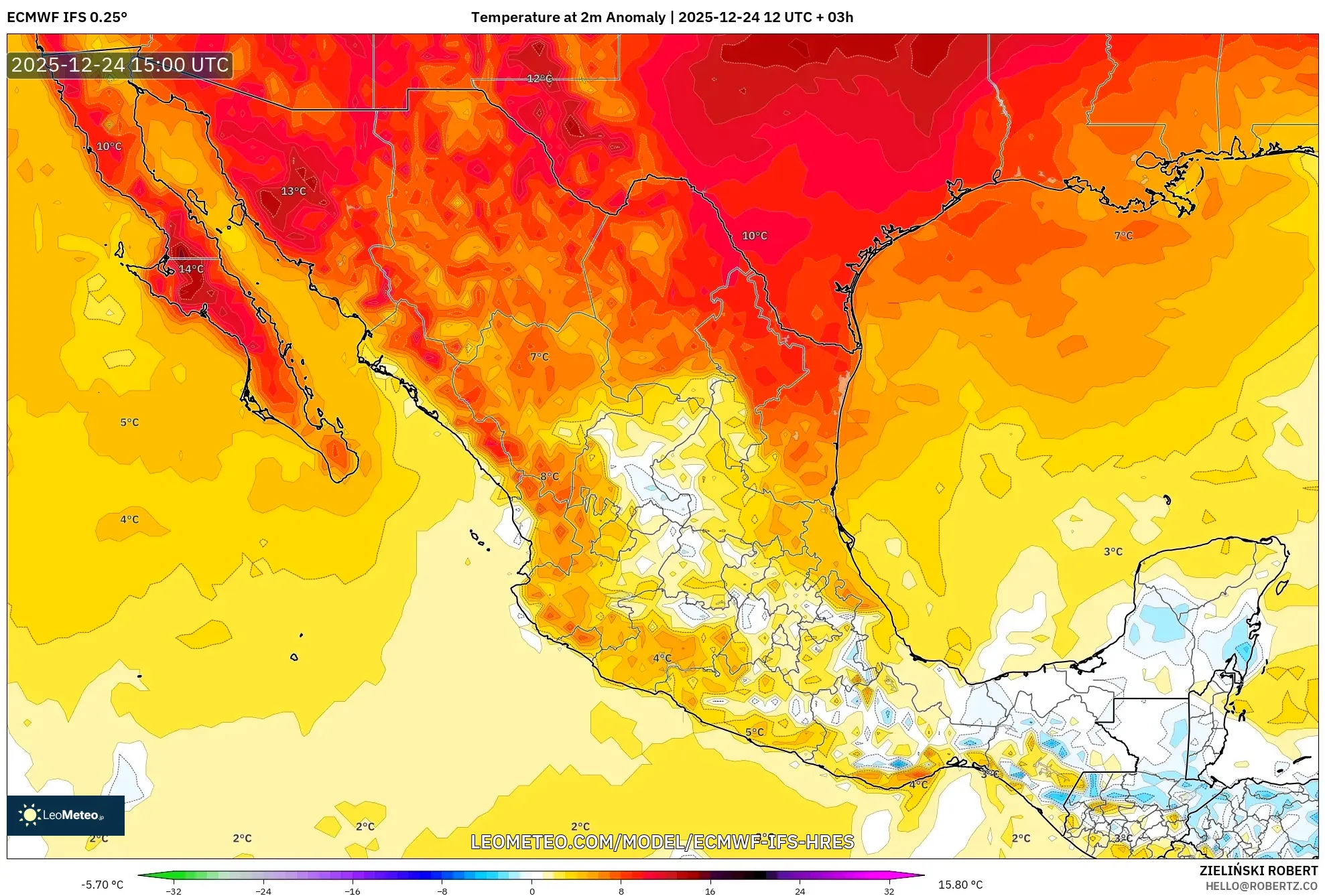 ECMWF IFS 0.25° model - Mexico, Temperature at 2m Anomaly