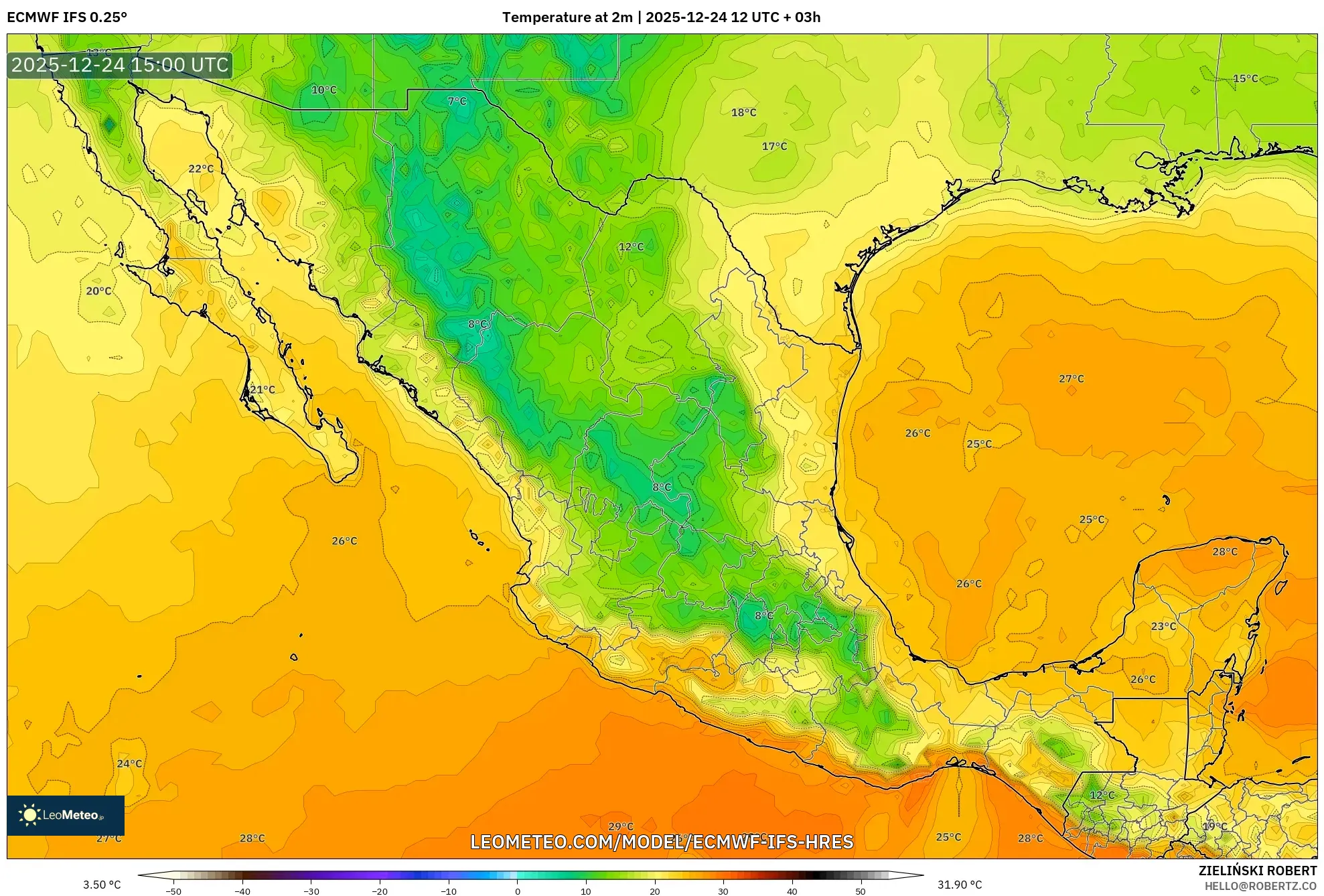 ECMWF IFS 0.25° model - Mexico, Temperature at 2m