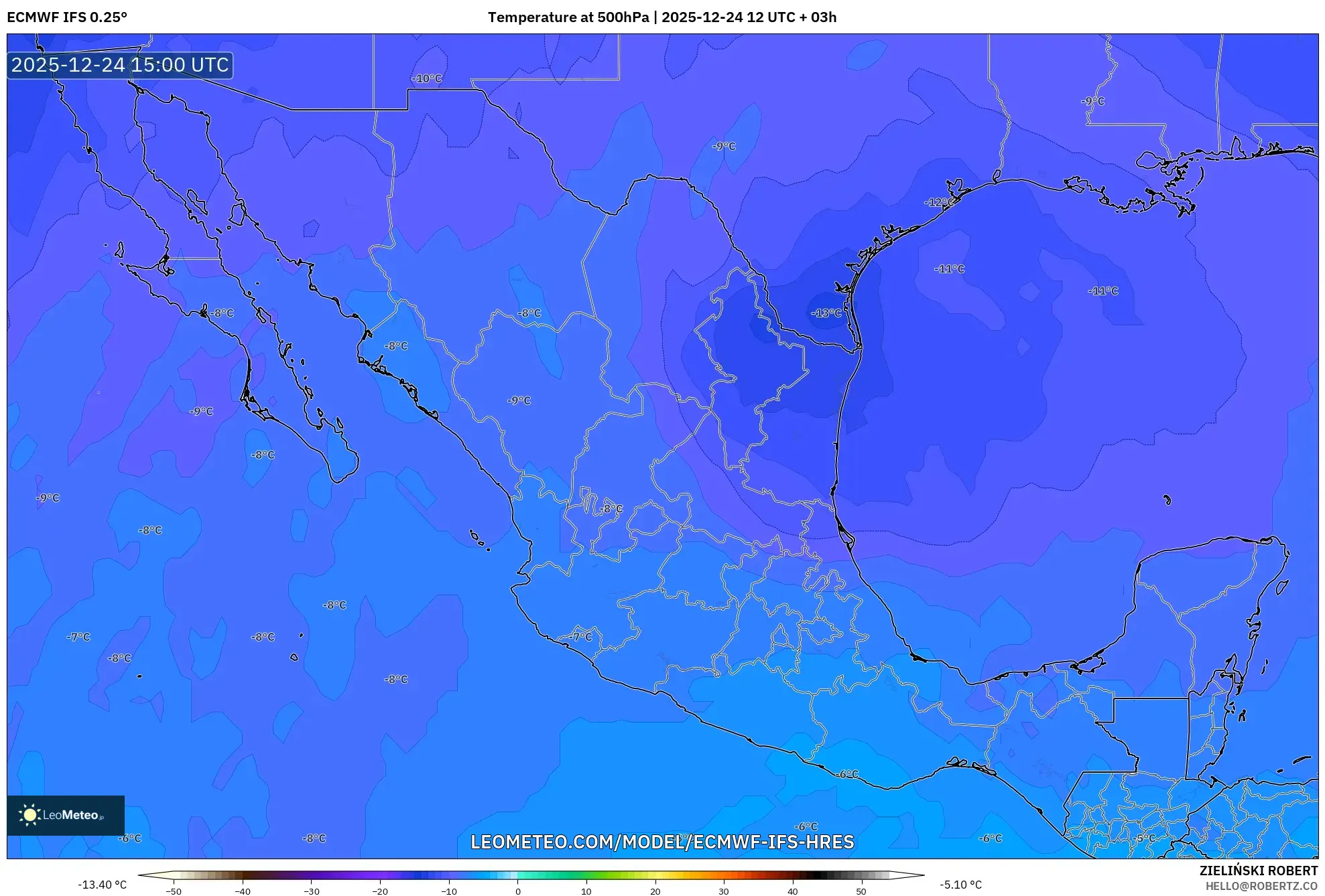 ECMWF IFS 0.25° model - Mexico, Temperature at 500hPa