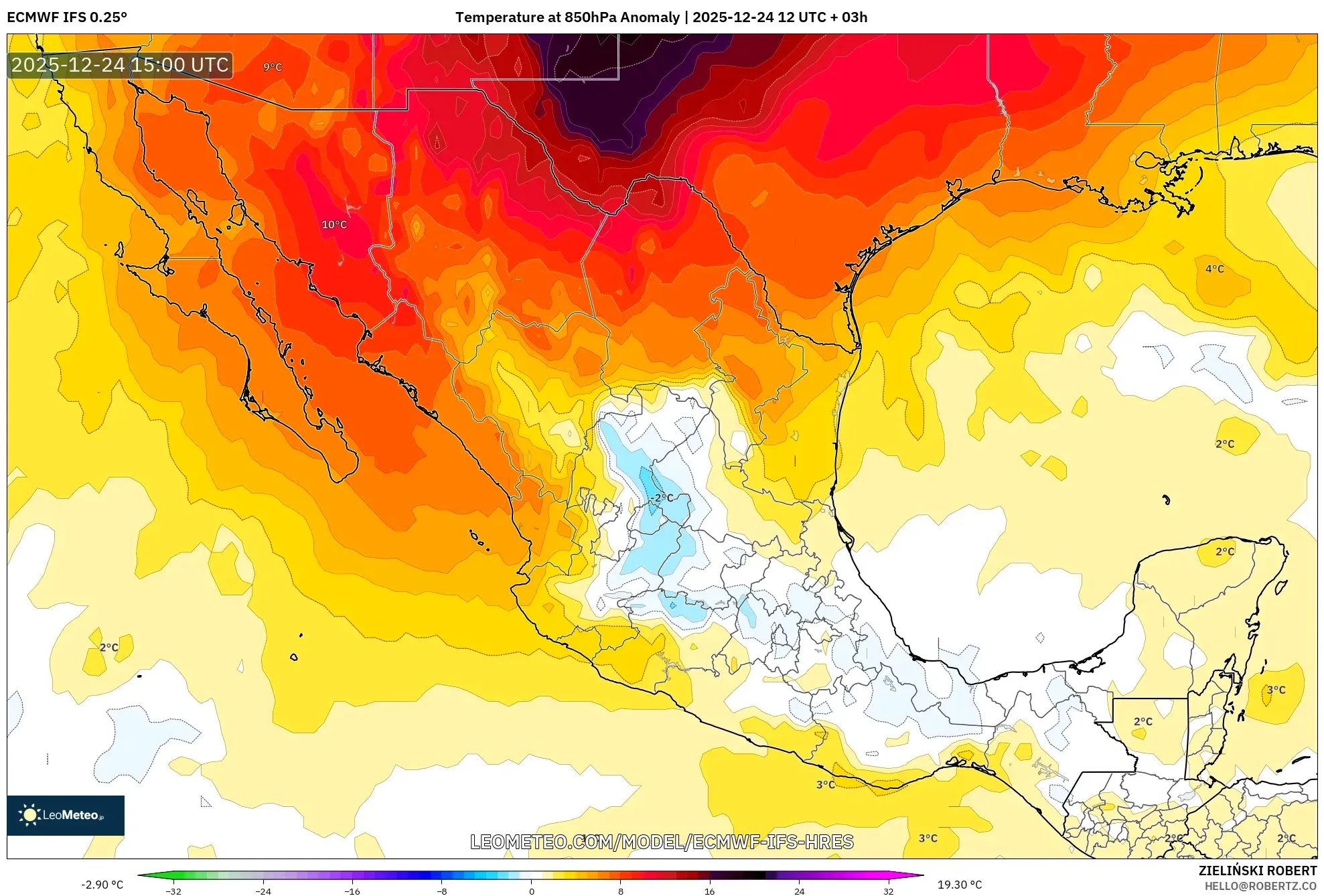 ECMWF IFS 0.25° model - Mexico, Temperature at 850hPa Anomaly