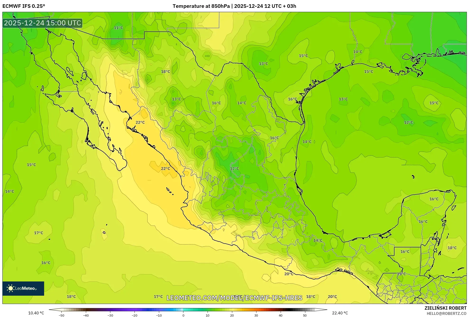 ECMWF IFS 0.25° model - Mexico, Temperature at 850hPa