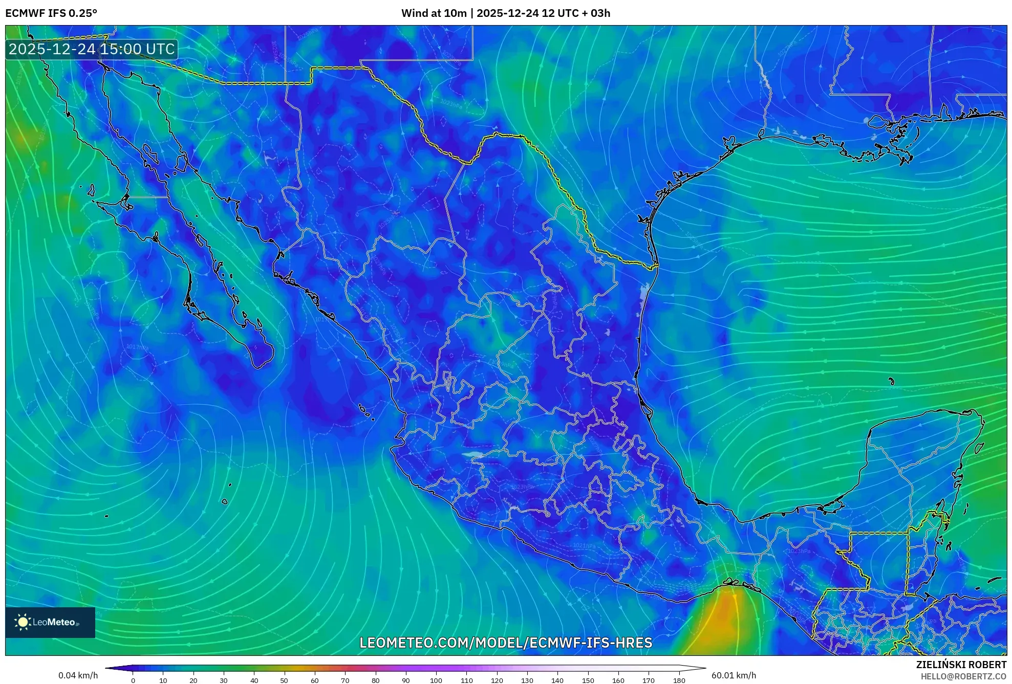 ECMWF IFS 0.25° model - Mexico, Wind at 10m