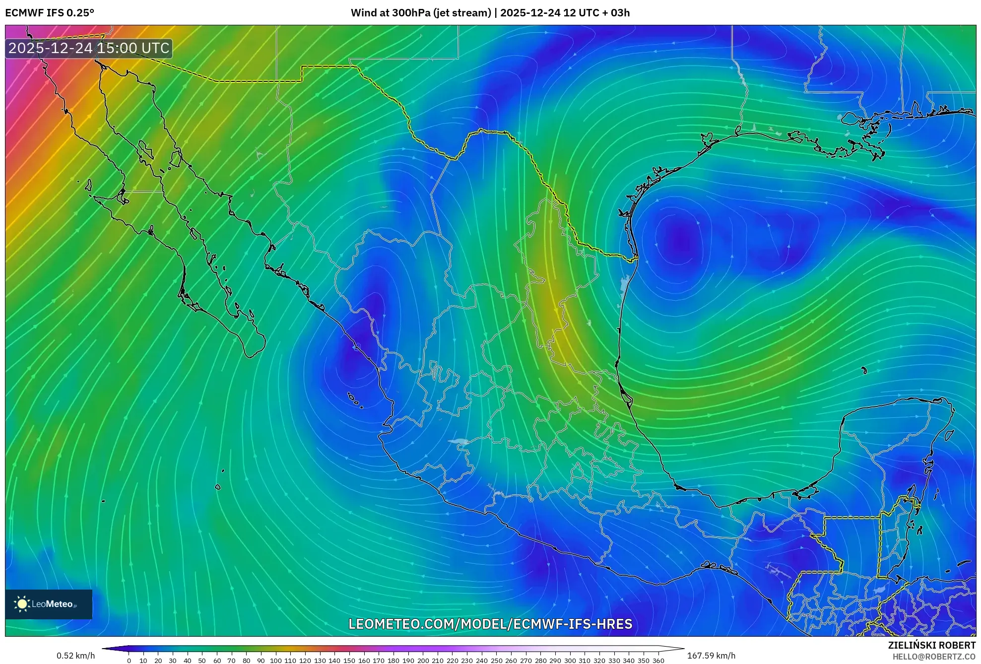 ECMWF IFS 0.25° model - Mexico, Wind at 300hPa (jet stream)