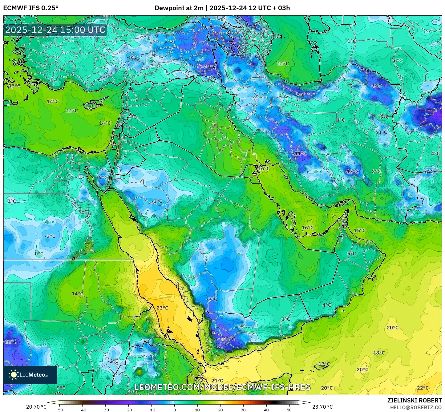 ECMWF IFS 0.25° model - Middle East, Dewpoint at 2m
