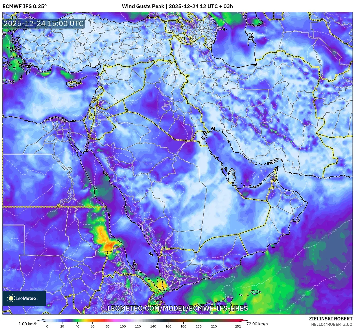 ECMWF IFS 0.25° model - Middle East, Wind Gusts Peak