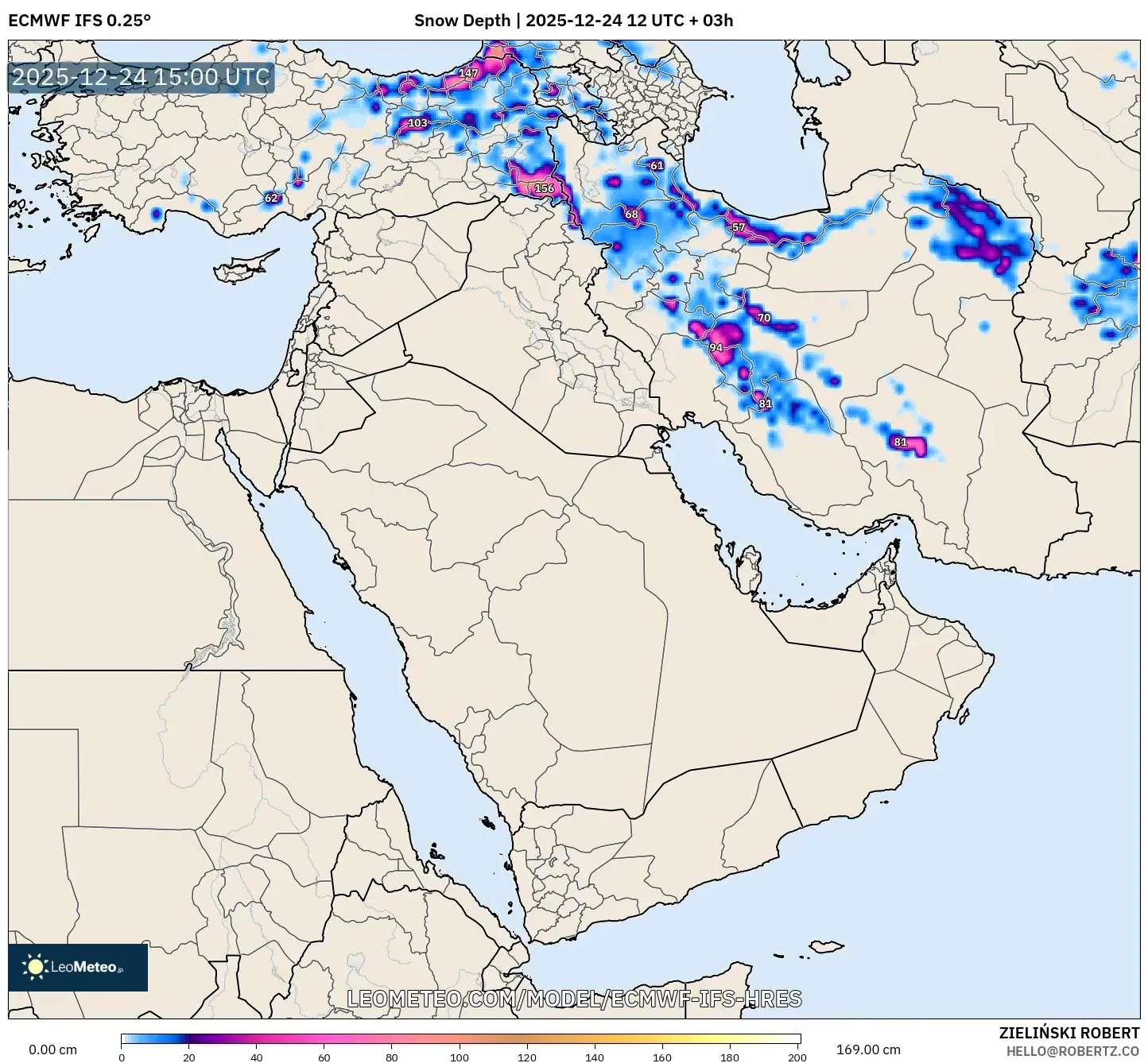 ECMWF IFS 0.25° model - Middle East, Snow Depth