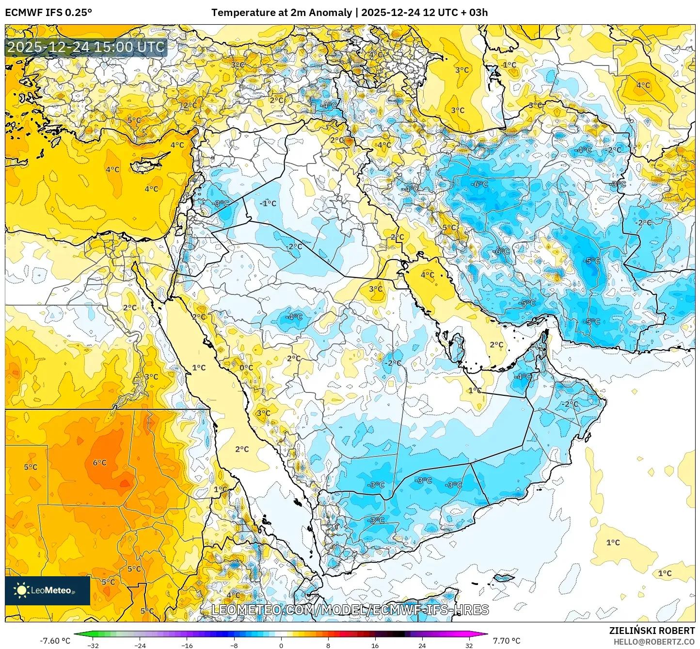 ECMWF IFS 0.25° model - Middle East, Temperature at 2m Anomaly