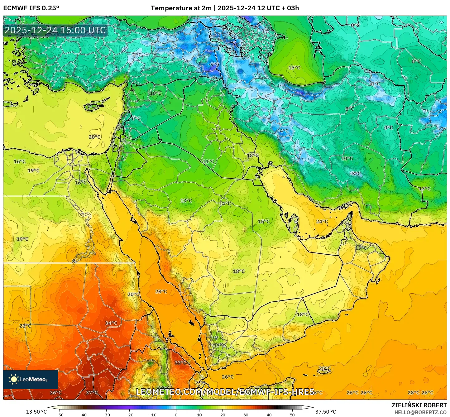 ECMWF IFS 0.25° model - Middle East, Temperature at 2m