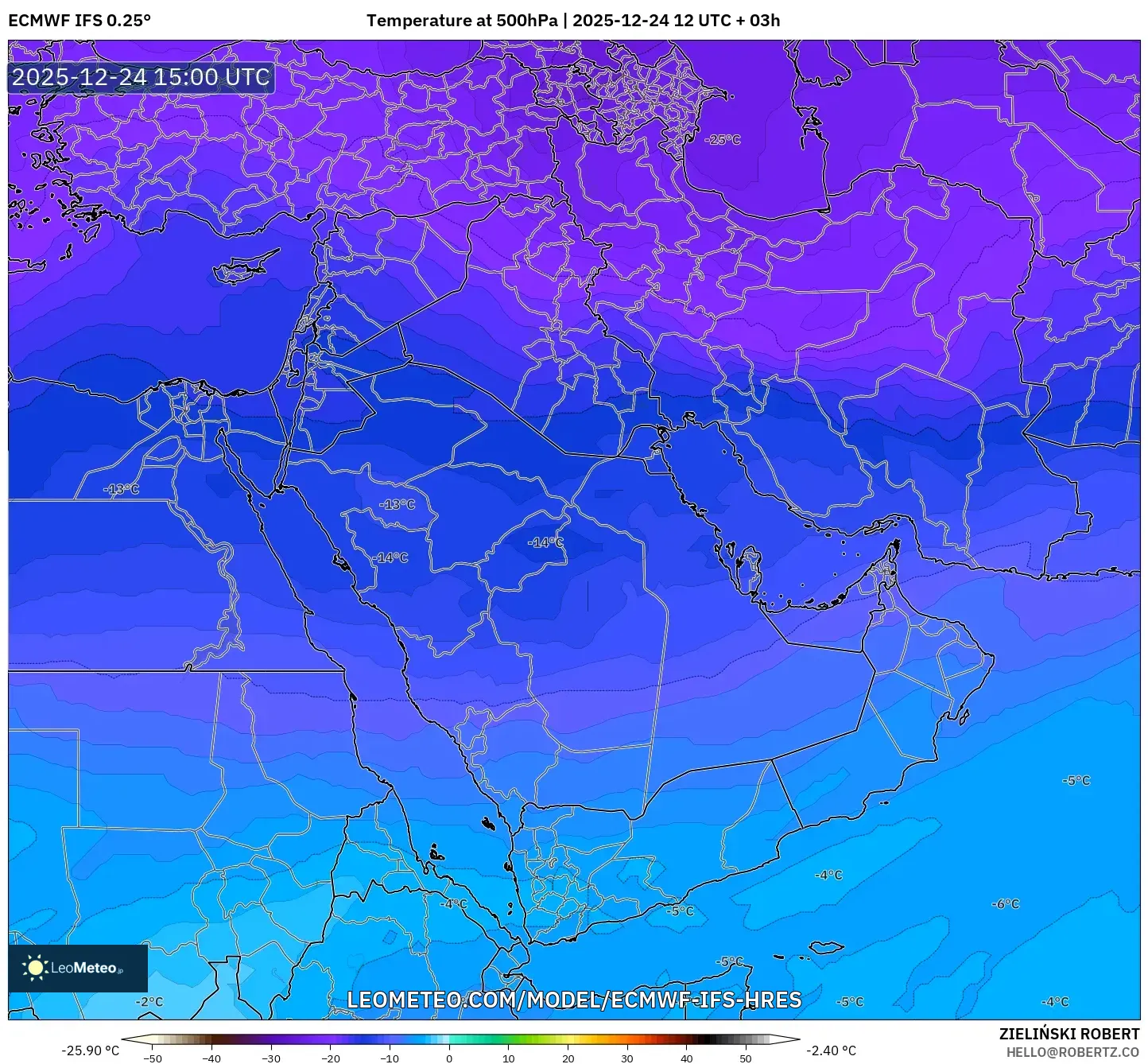 ECMWF IFS 0.25° model - Middle East, Temperature at 500hPa