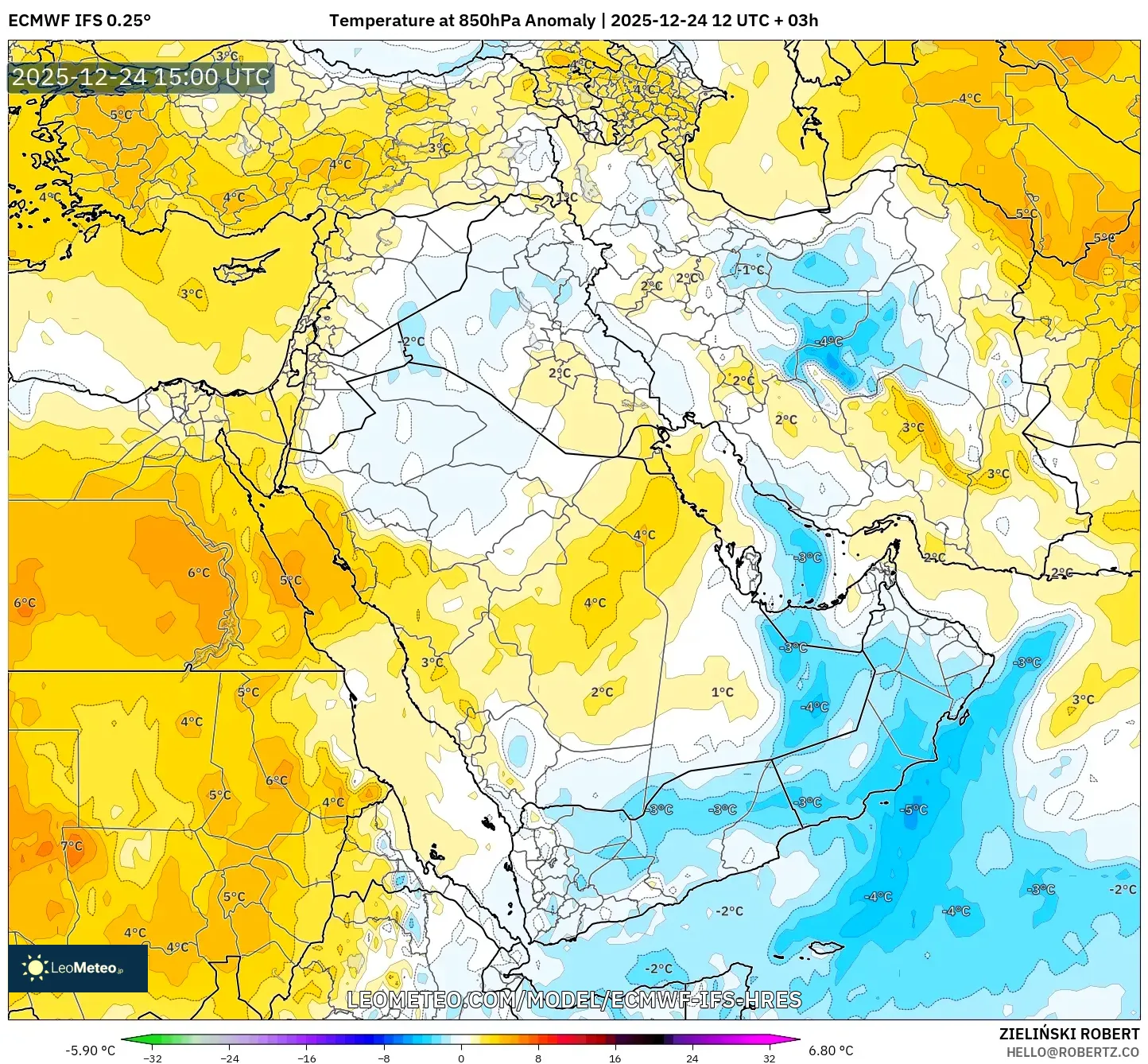 ECMWF IFS 0.25° model - Middle East, Temperature at 850hPa Anomaly