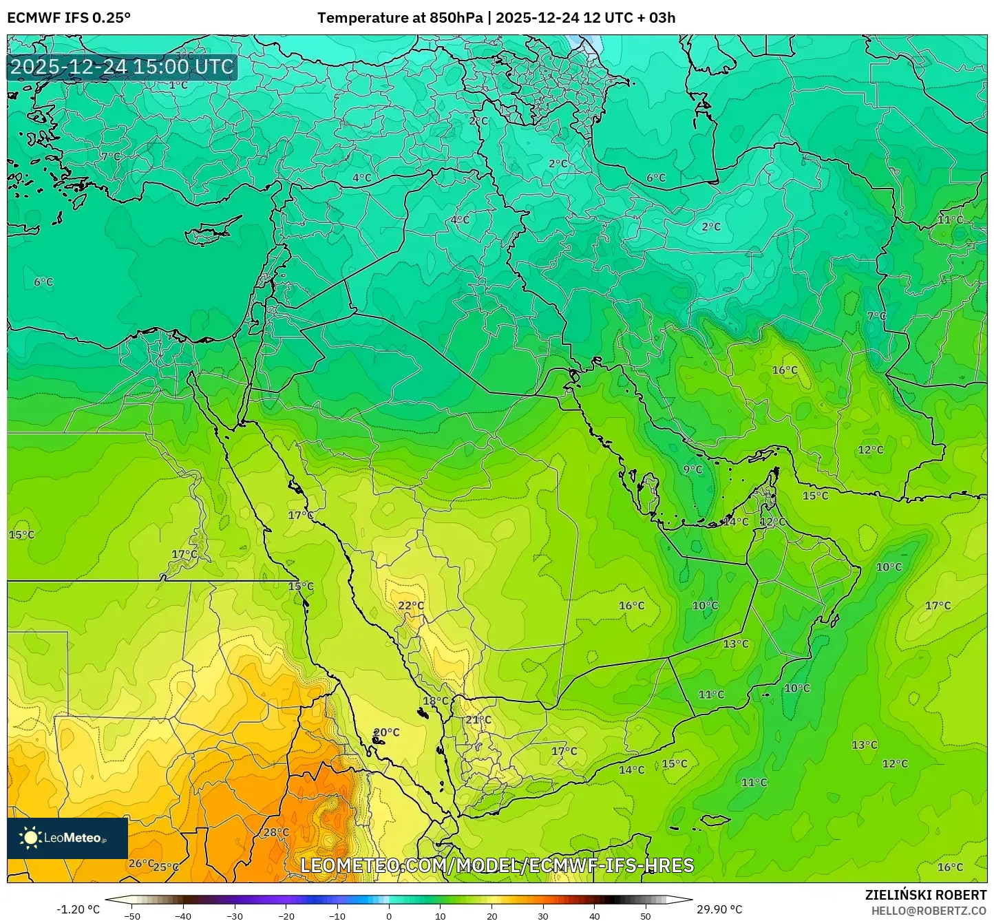 ECMWF IFS 0.25° model - Middle East, Temperature at 850hPa