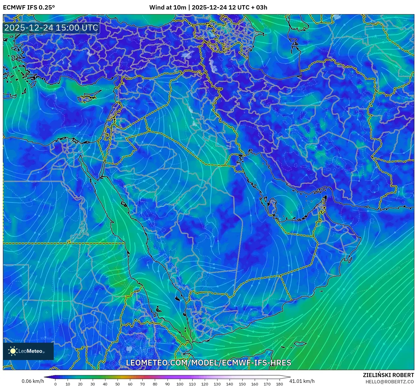 ECMWF IFS 0.25° model - Middle East, Wind at 10m