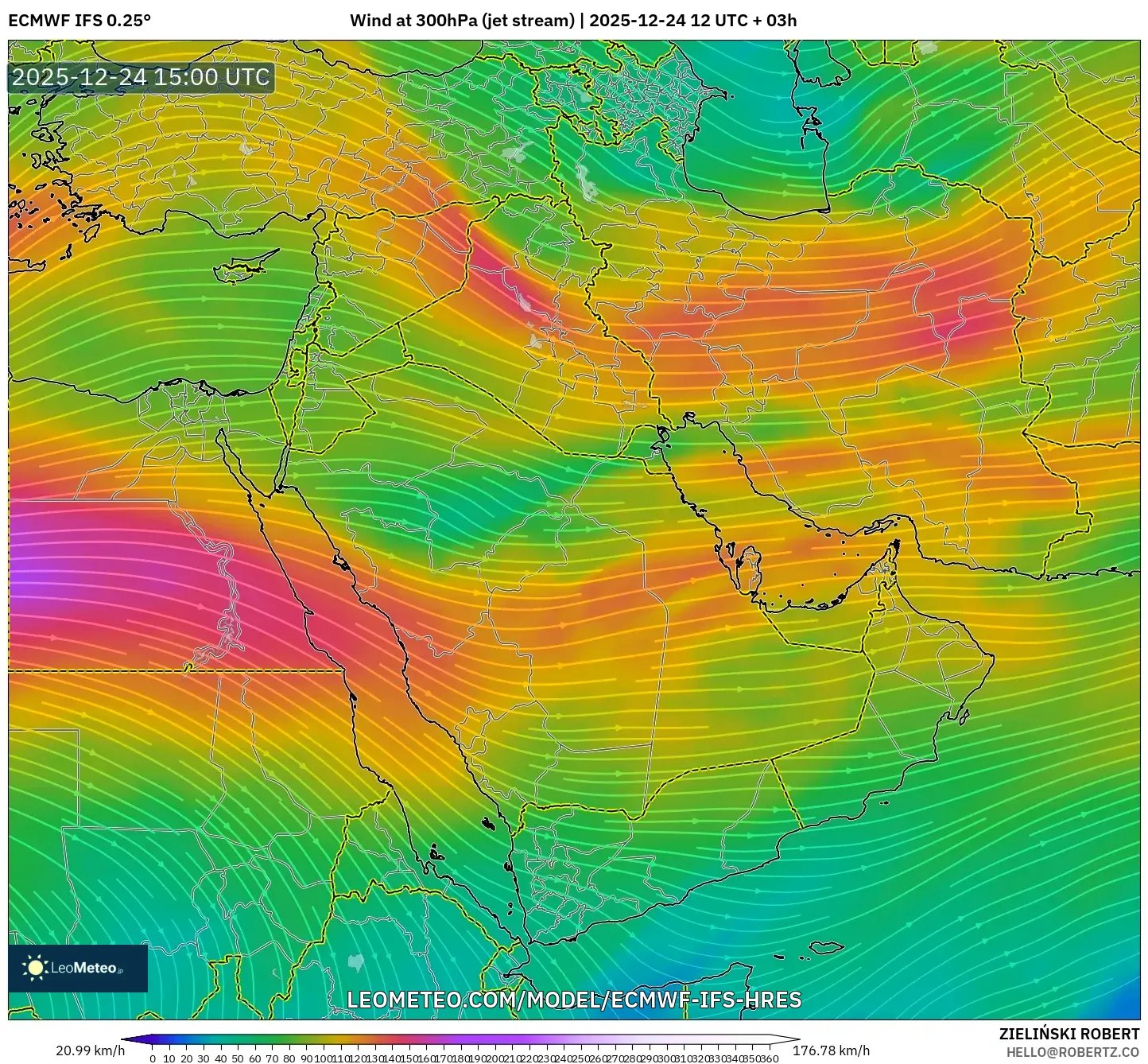 ECMWF IFS 0.25° model - Middle East, Wind at 300hPa (jet stream)