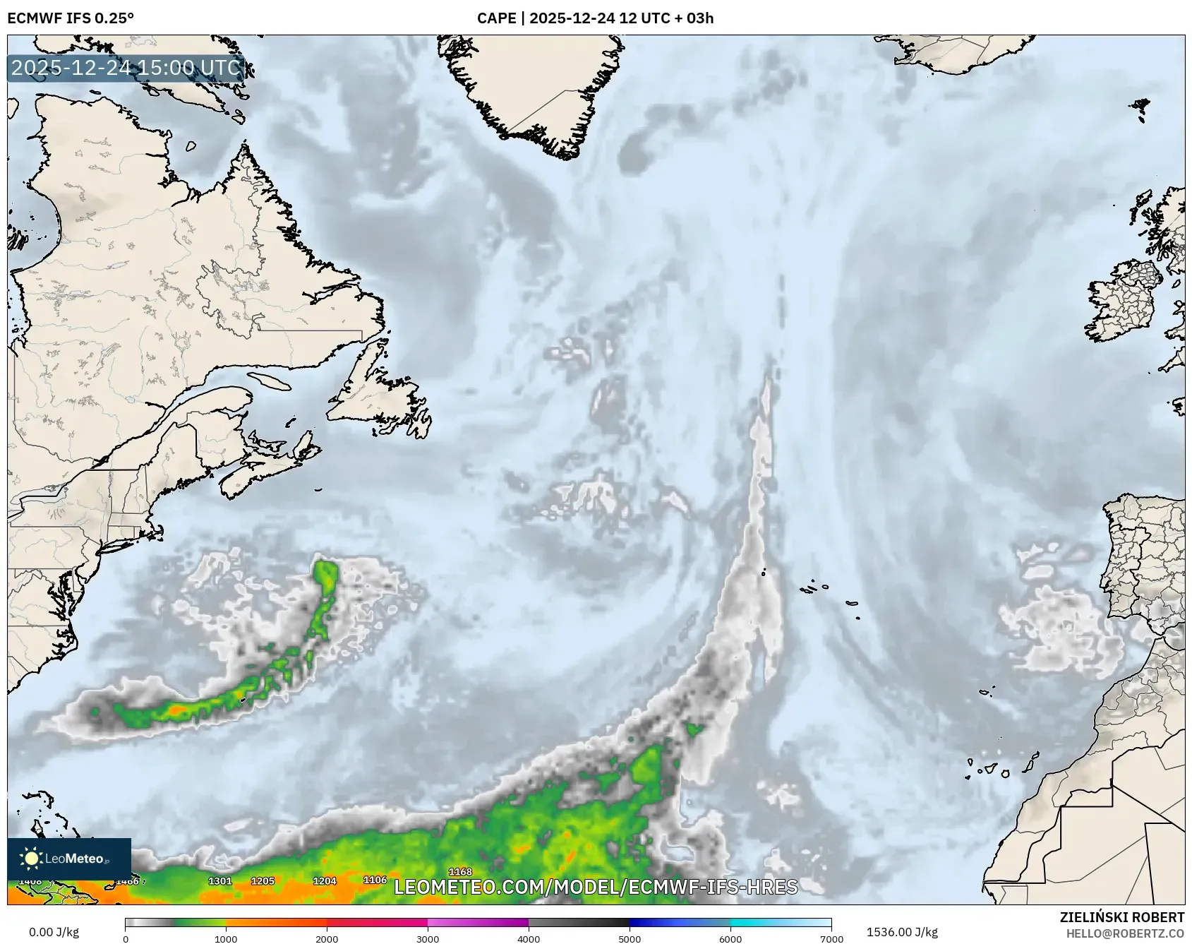 ECMWF IFS 0.25° model - North Atlantic, CAPE