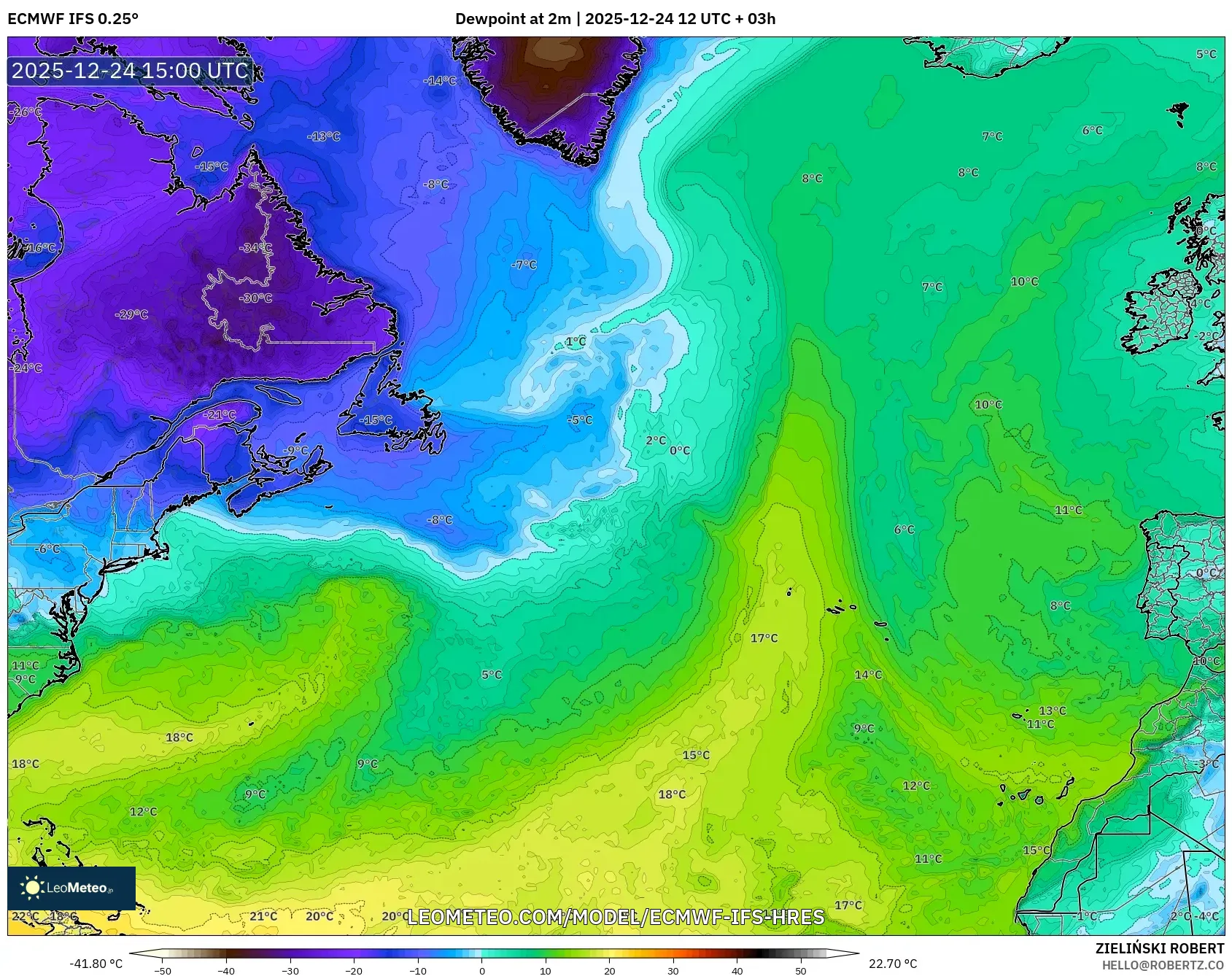 ECMWF IFS 0.25° model - North Atlantic, Dewpoint at 2m