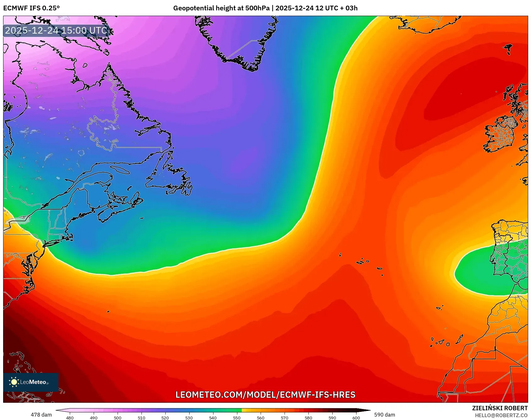ECMWF IFS 0.25° model - North Atlantic, Geopotential height at 500hPa