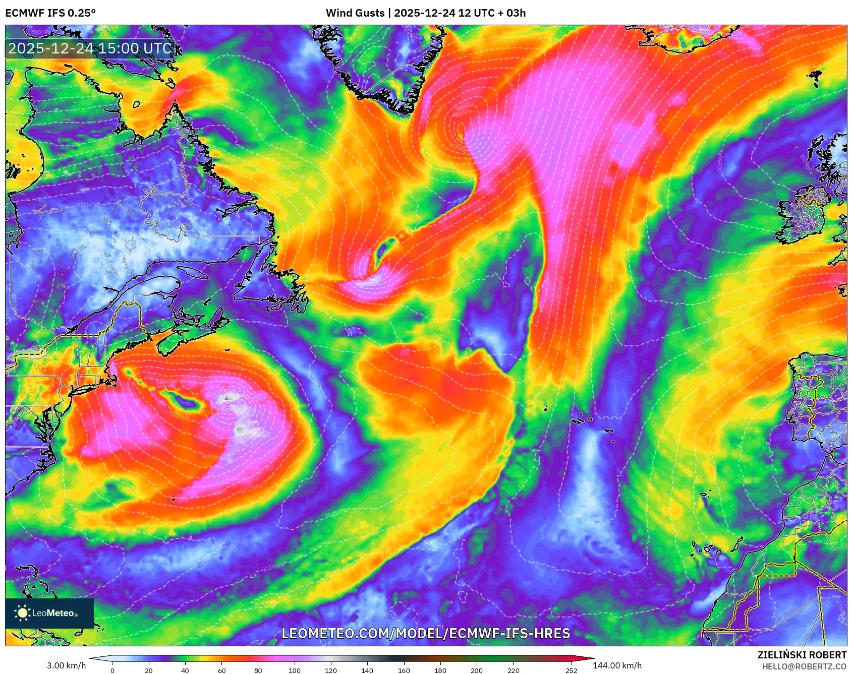 ECMWF IFS 0.25° model - North Atlantic, Wind Gusts