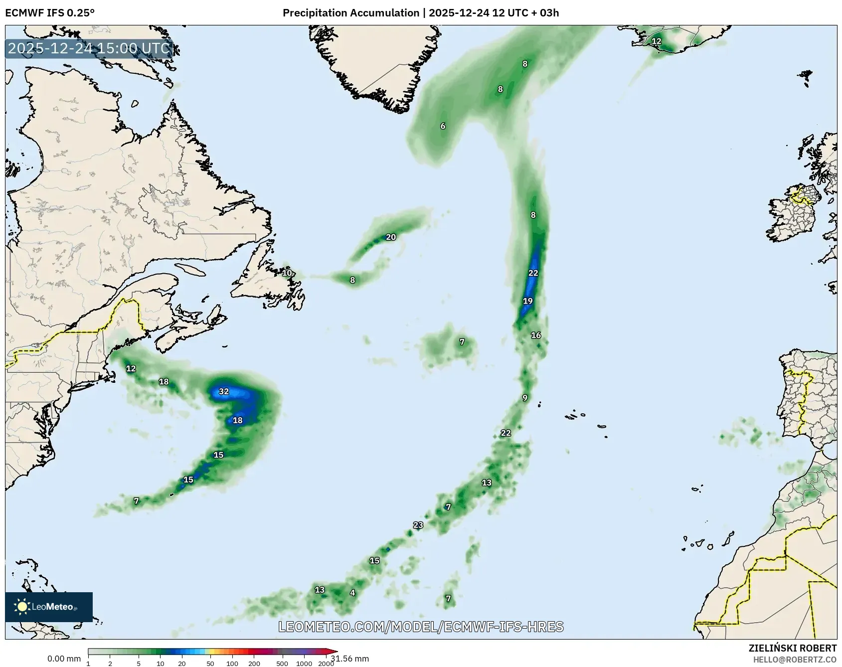 ECMWF IFS 0.25° model - North Atlantic, Precipitation Accumulation